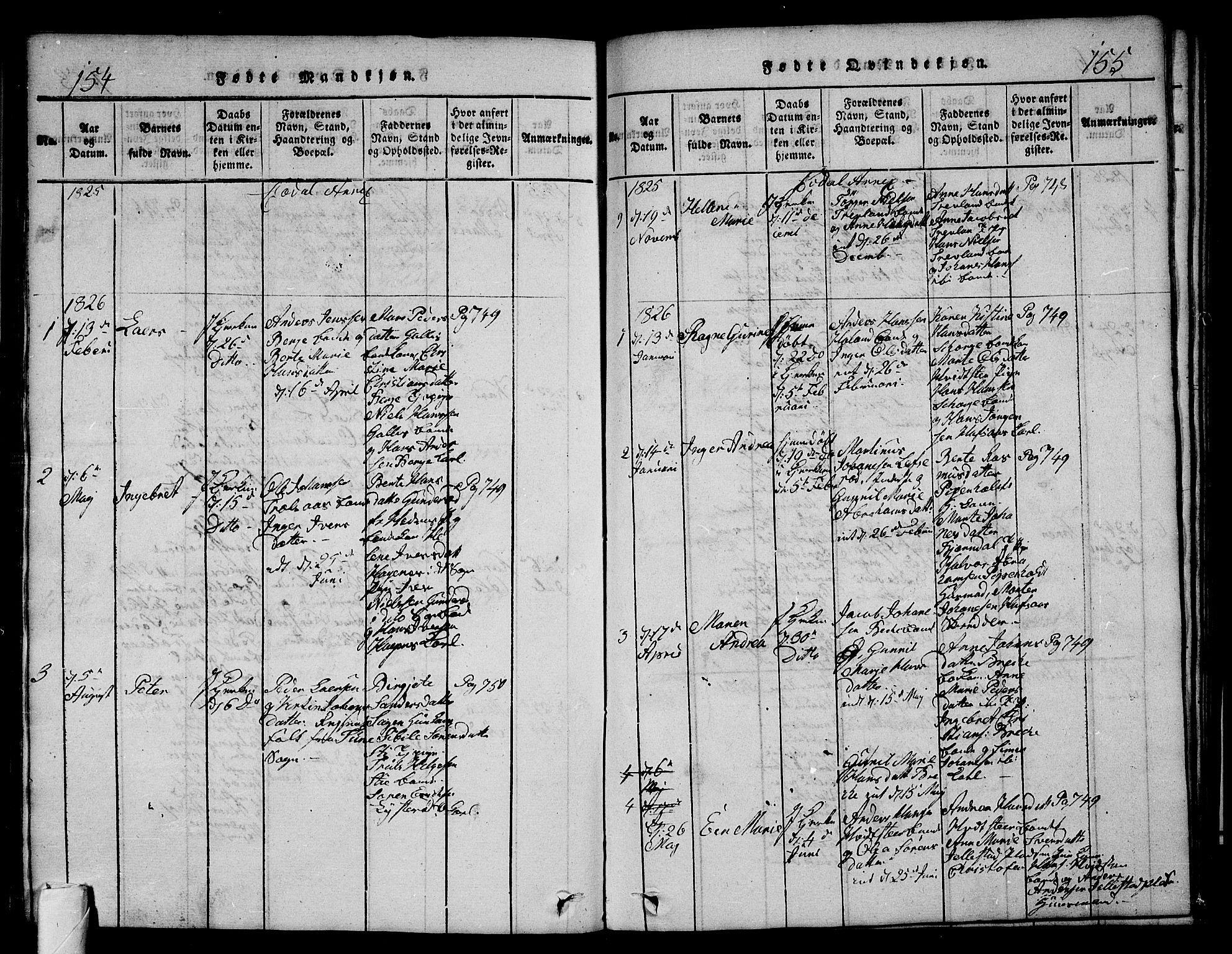 Andebu kirkebøker, AV/SAKO-A-336/G/Ga/L0002: Parish register (copy) no. I 2 /3, 1823-1832, p. 154-155