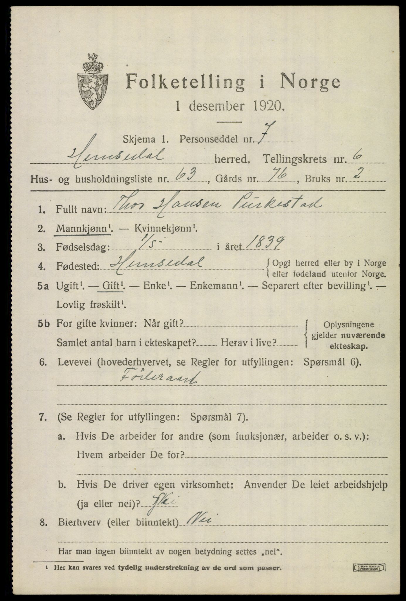 SAKO, 1920 census for Hemsedal, 1920, p. 2946