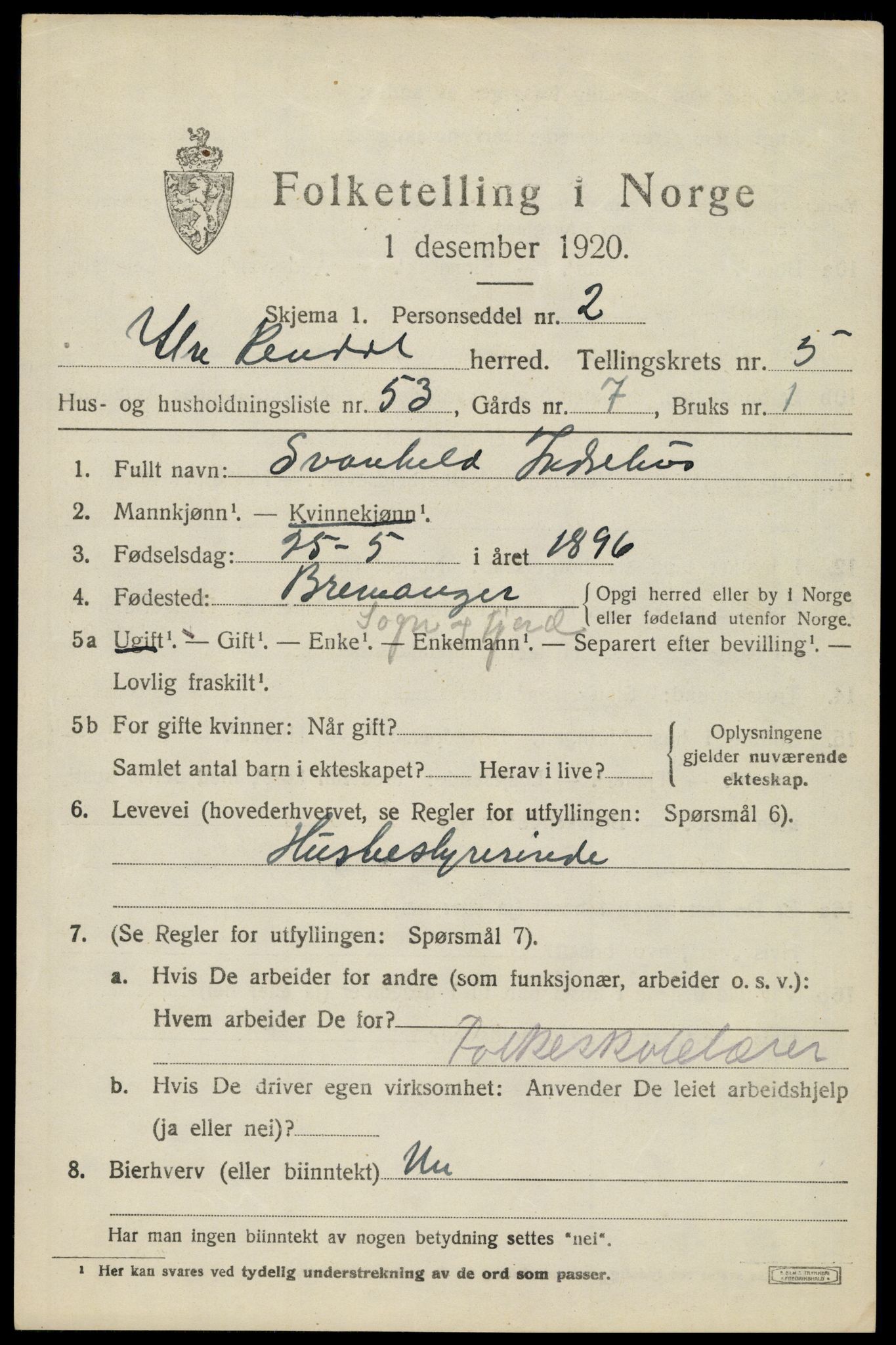 SAH, 1920 census for Ytre Rendal, 1920, p. 3313