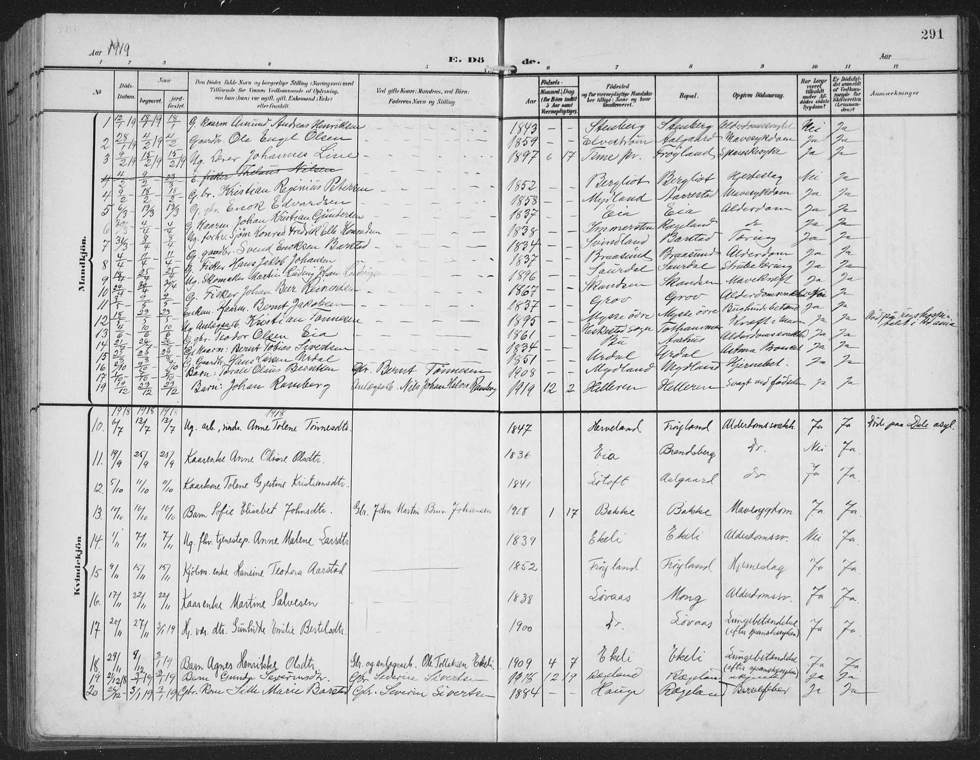 Sokndal sokneprestkontor, AV/SAST-A-101808: Parish register (copy) no. B 8, 1908-1934, p. 291
