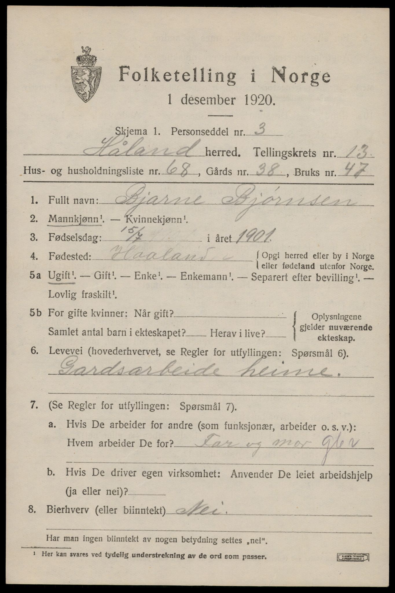 SAST, 1920 census for Håland, 1920, p. 9963