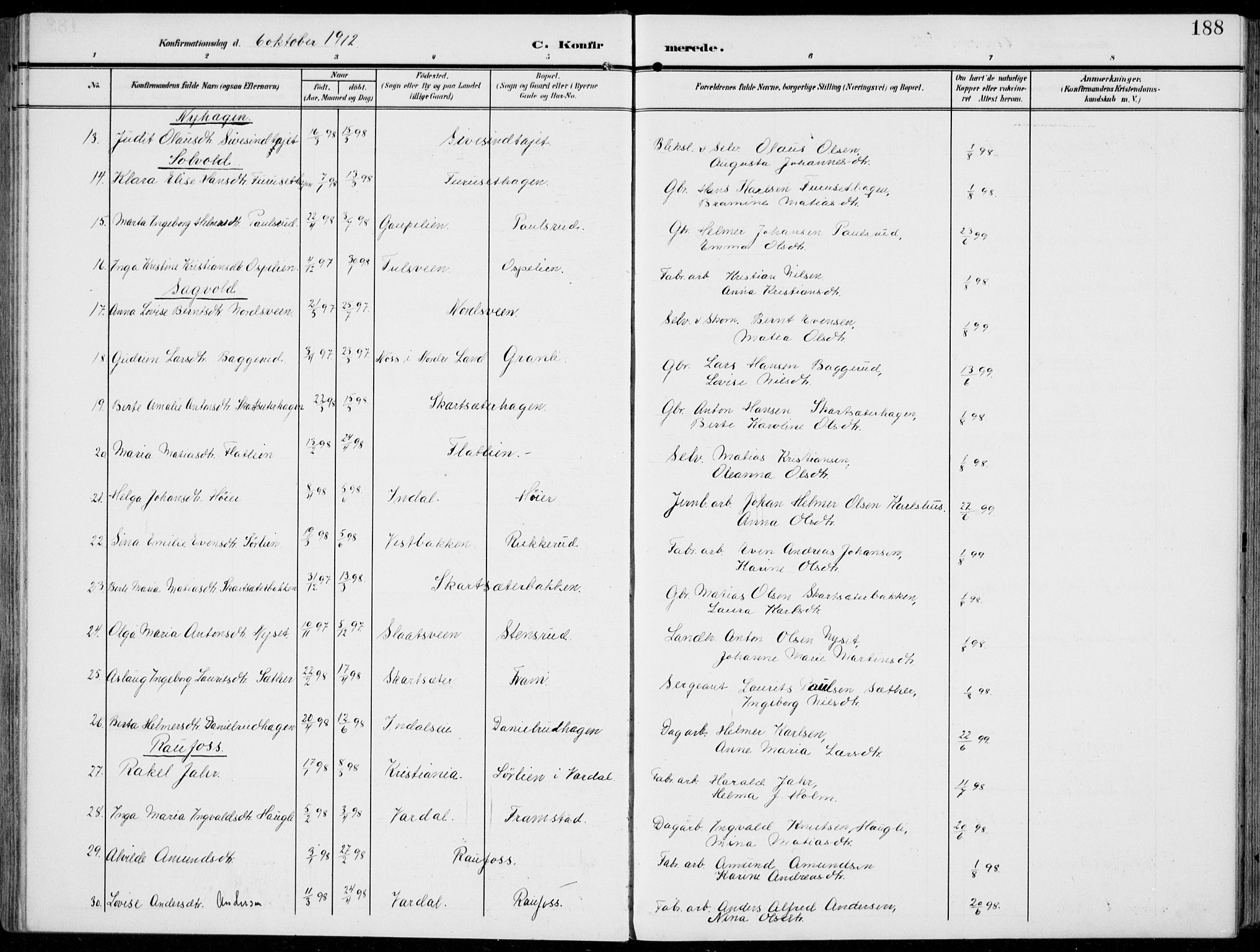 Vestre Toten prestekontor, AV/SAH-PREST-108/H/Ha/Haa/L0014: Parish register (official) no. 14, 1907-1920, p. 188