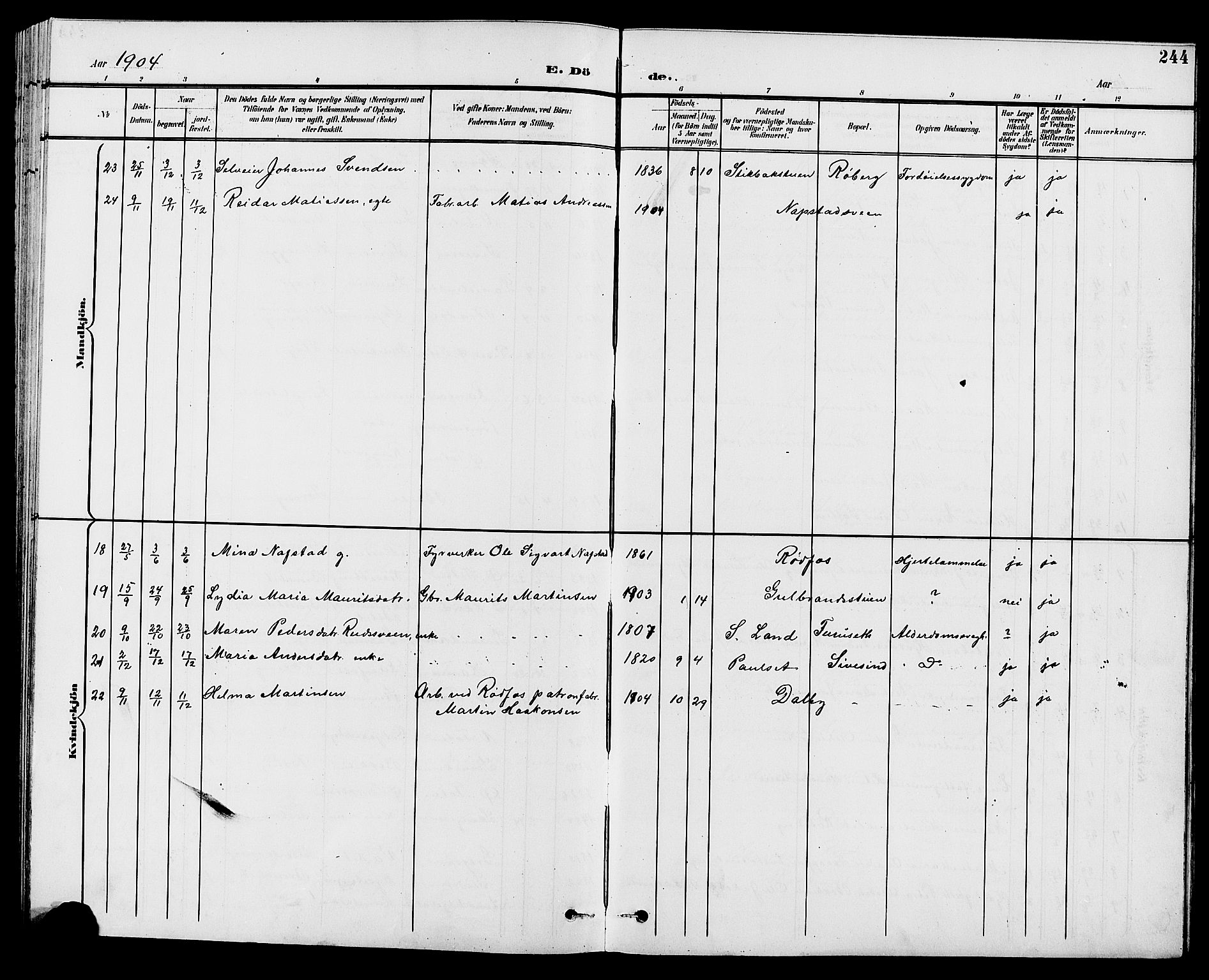 Vestre Toten prestekontor, SAH/PREST-108/H/Ha/Hab/L0010: Parish register (copy) no. 10, 1900-1912, p. 244