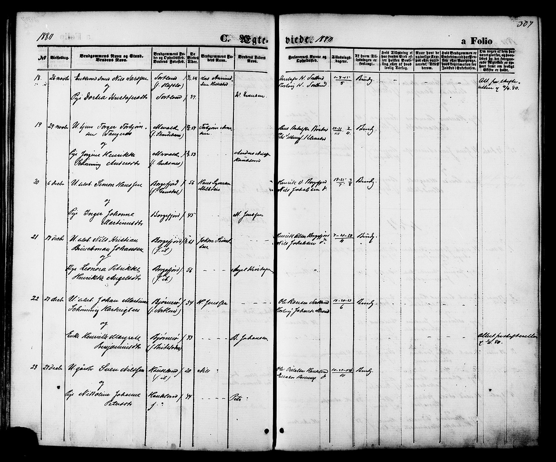 Ministerialprotokoller, klokkerbøker og fødselsregistre - Nordland, SAT/A-1459/880/L1132: Parish register (official) no. 880A06, 1869-1887, p. 307