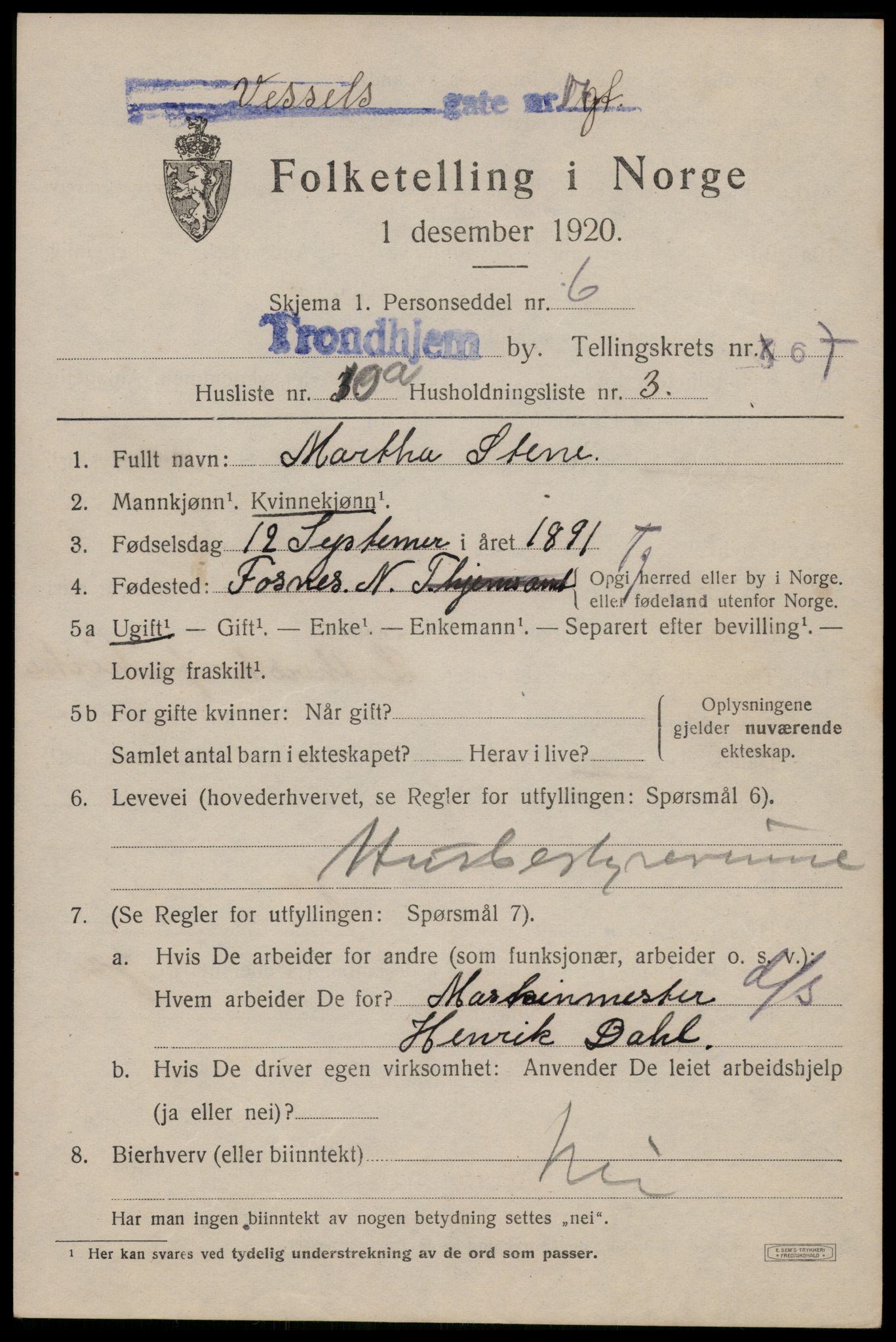 SAT, 1920 census for Trondheim, 1920, p. 132672