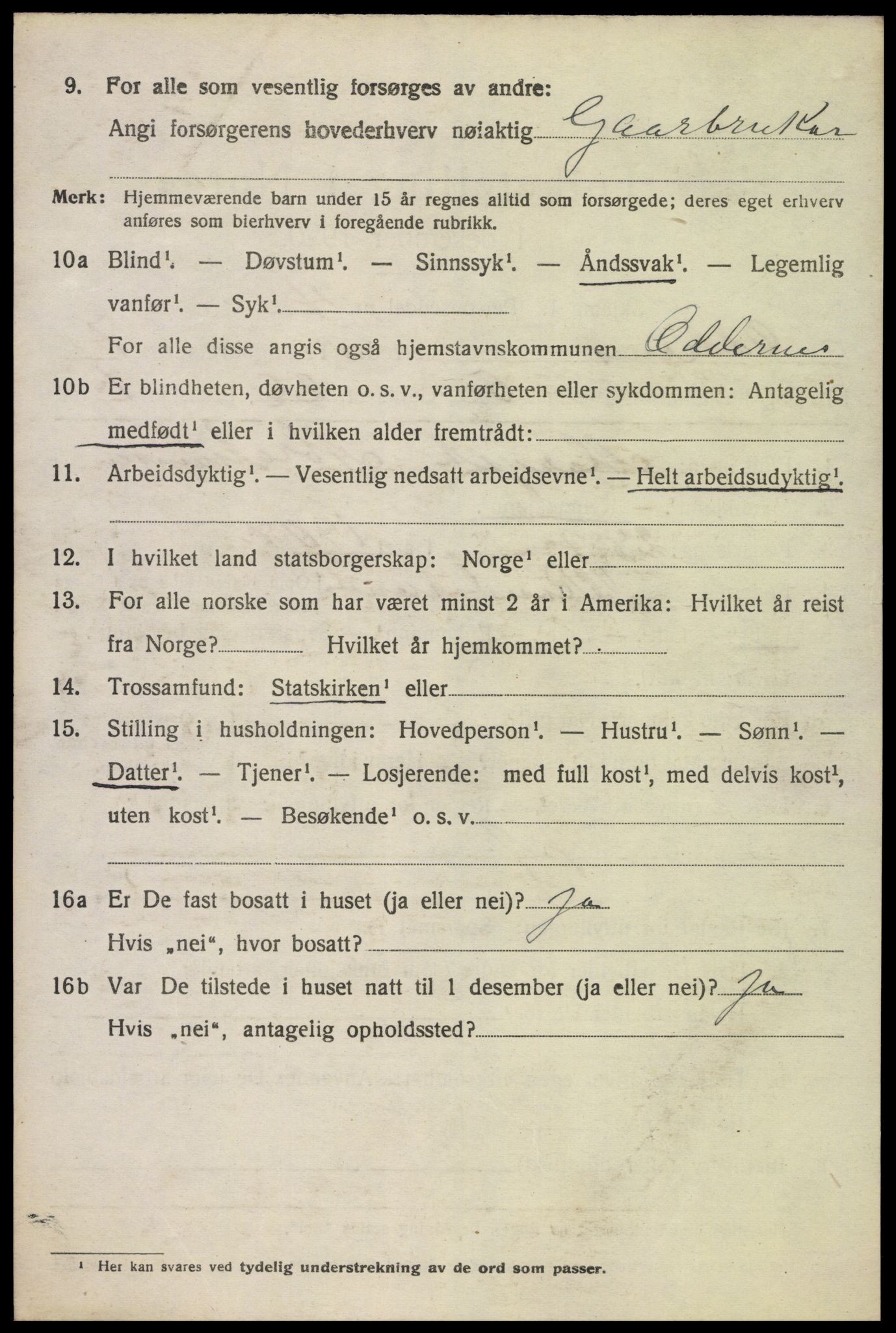 SAK, 1920 census for Oddernes, 1920, p. 5414