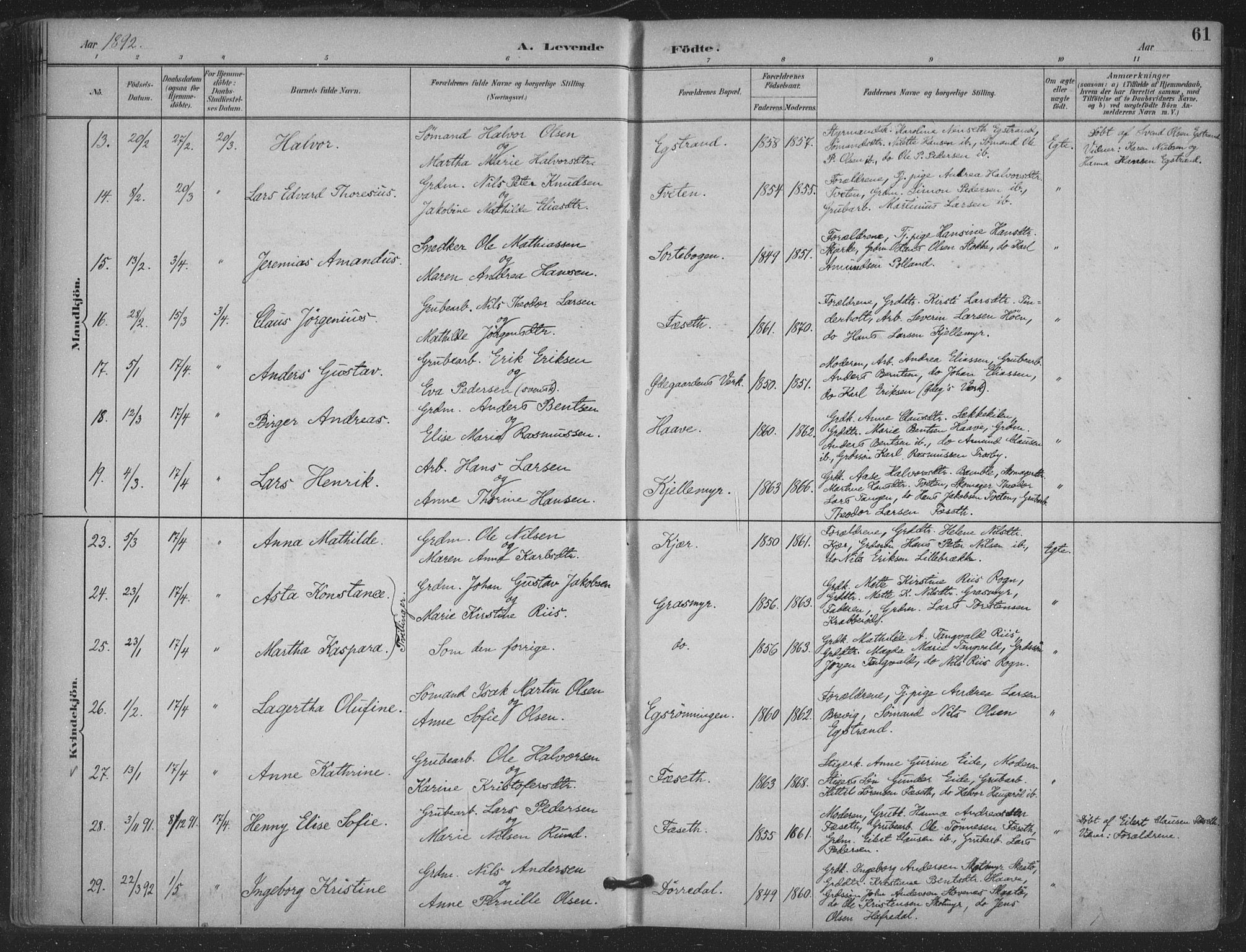 Bamble kirkebøker, AV/SAKO-A-253/F/Fa/L0008: Parish register (official) no. I 8, 1888-1900, p. 61