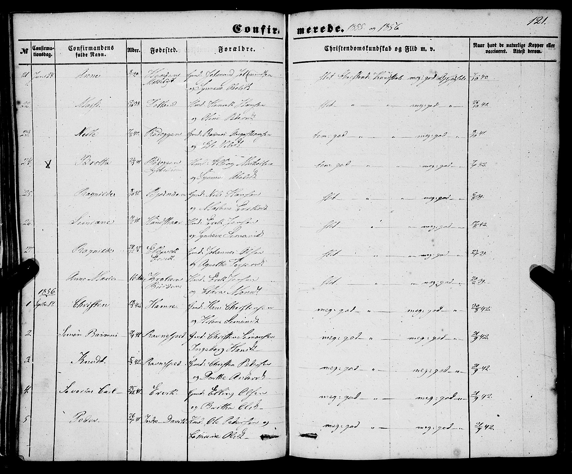 Davik sokneprestembete, AV/SAB-A-79701/H/Haa/Haaa/L0005: Parish register (official) no. A 5, 1850-1866, p. 121