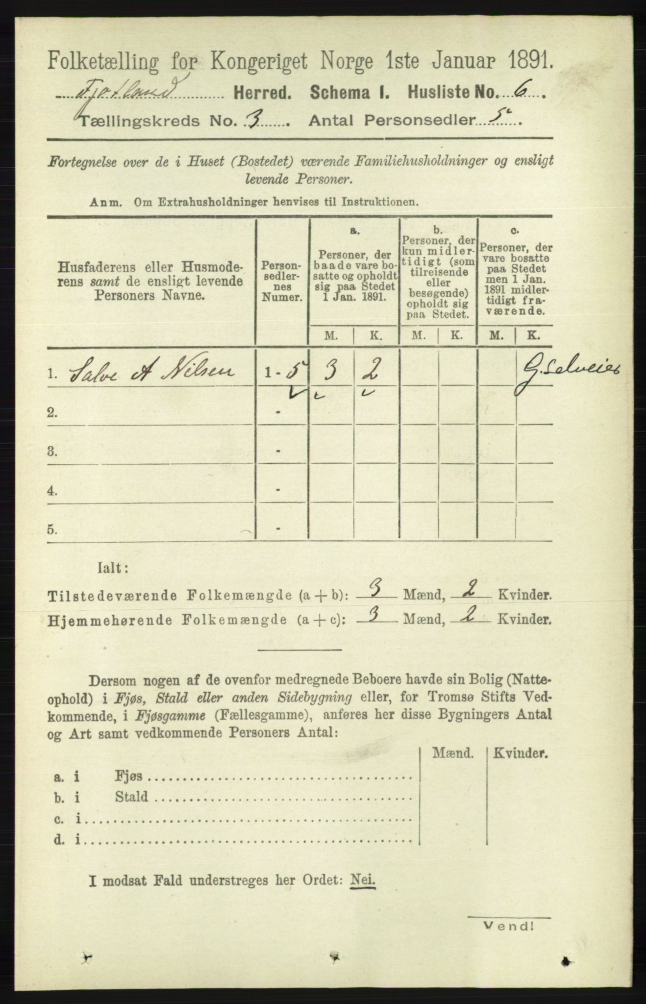 RA, 1891 census for 1036 Fjotland, 1891, p. 377