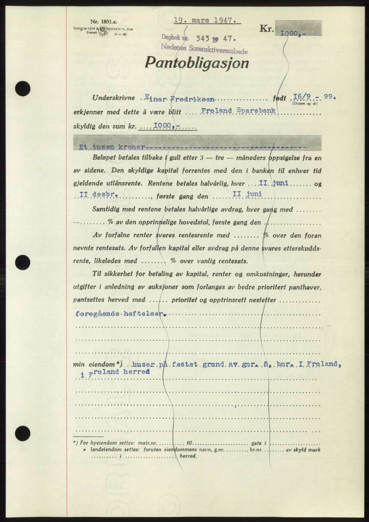 Nedenes sorenskriveri, AV/SAK-1221-0006/G/Gb/Gbb/L0004: Mortgage book no. B4, 1947-1947, Diary no: : 343/1947