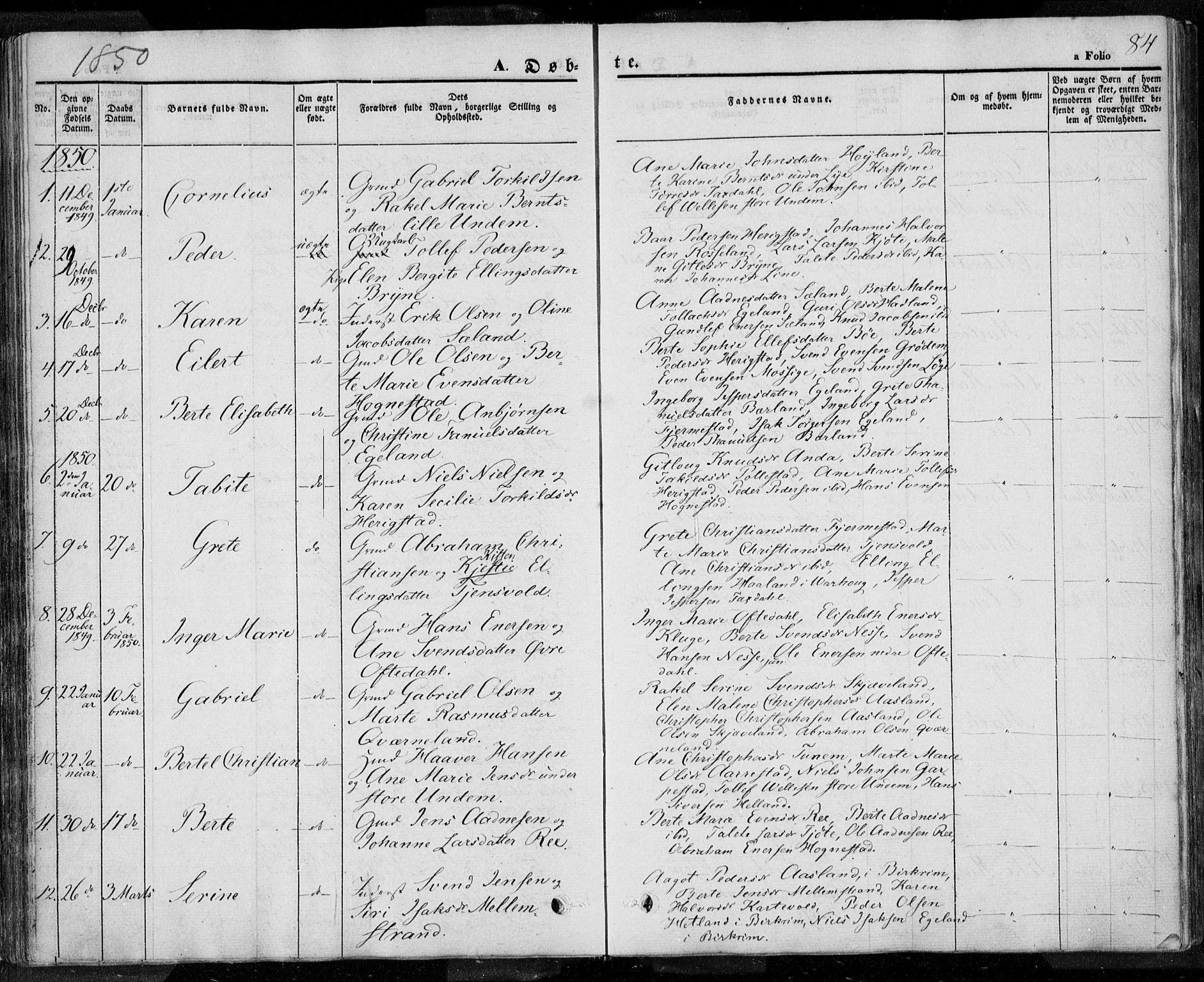 Lye sokneprestkontor, AV/SAST-A-101794/001/30BA/L0005: Parish register (official) no. A 5.1, 1842-1855, p. 84