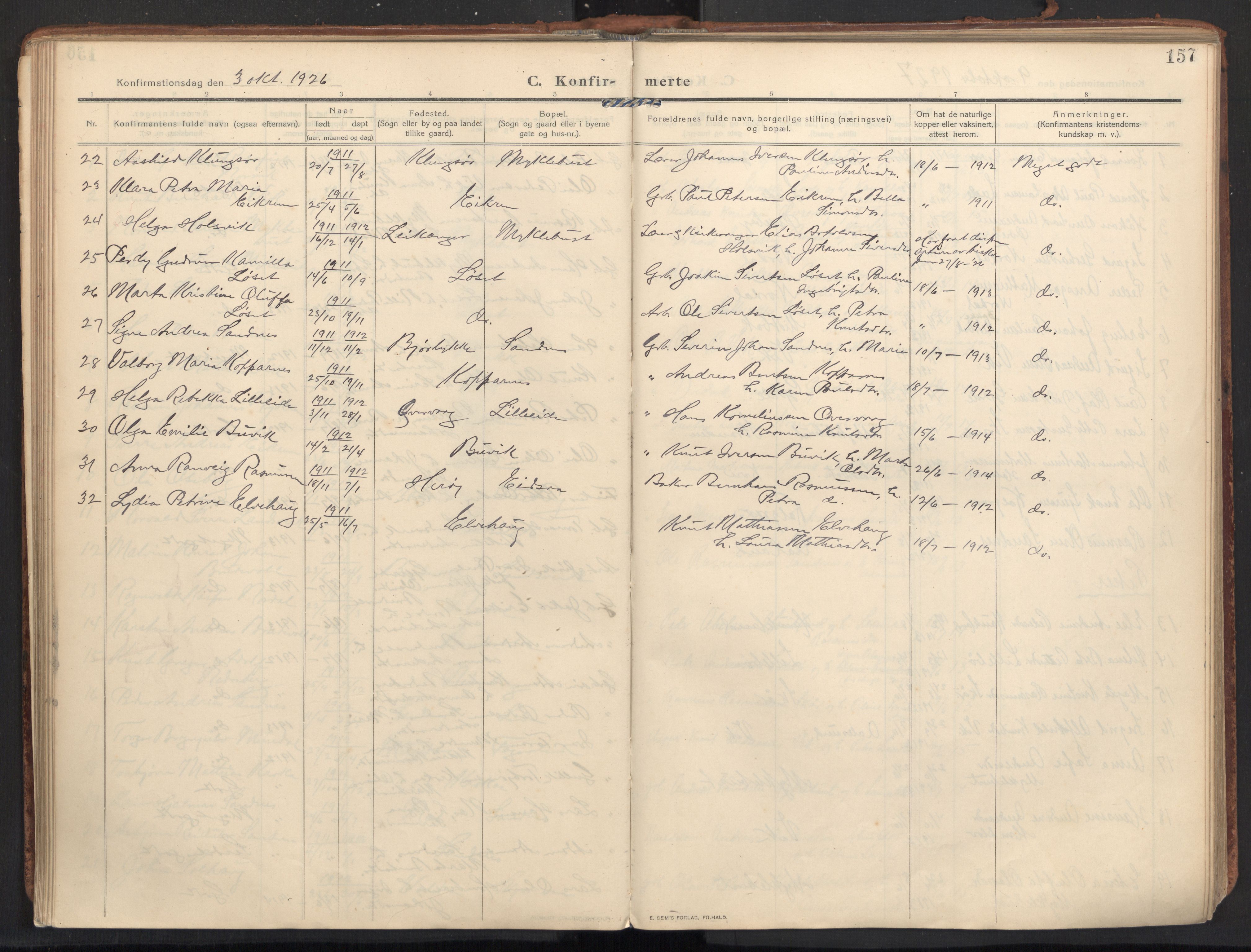 Ministerialprotokoller, klokkerbøker og fødselsregistre - Møre og Romsdal, AV/SAT-A-1454/502/L0026: Parish register (official) no. 502A04, 1909-1933, p. 157