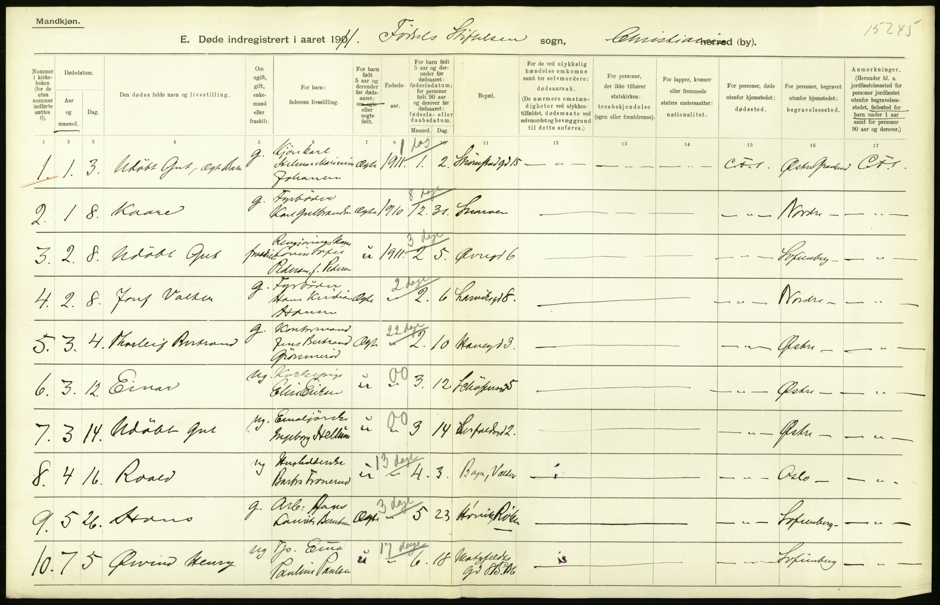 Statistisk sentralbyrå, Sosiodemografiske emner, Befolkning, AV/RA-S-2228/D/Df/Dfb/Dfba/L0009: Kristiania: Døde menn, 1911, p. 328