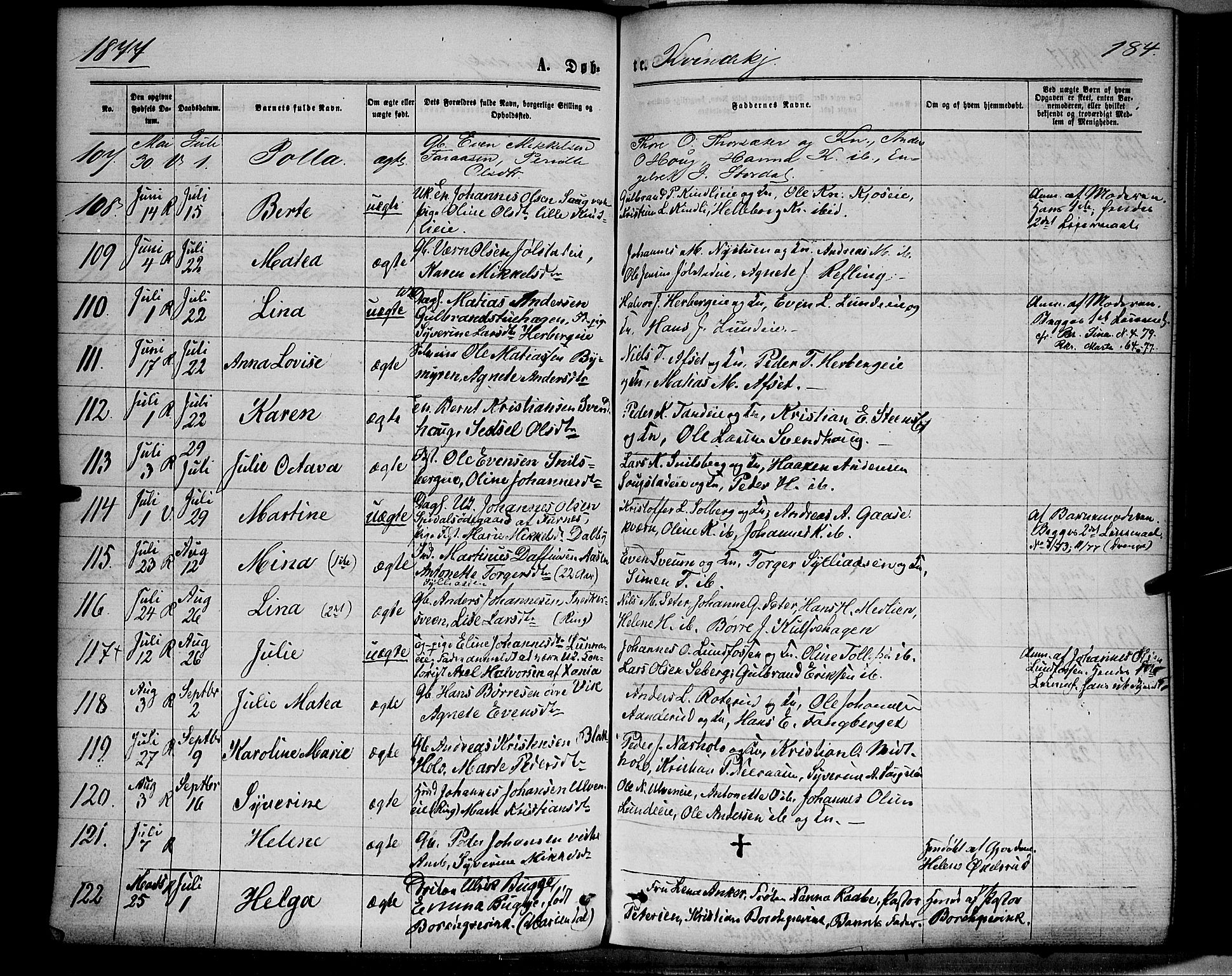 Ringsaker prestekontor, AV/SAH-PREST-014/K/Ka/L0011: Parish register (official) no. 11, 1870-1878, p. 184