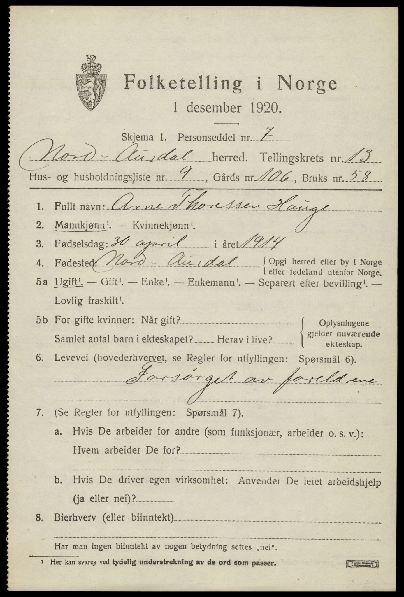 SAH, 1920 census for Nord-Aurdal, 1920, p. 10568