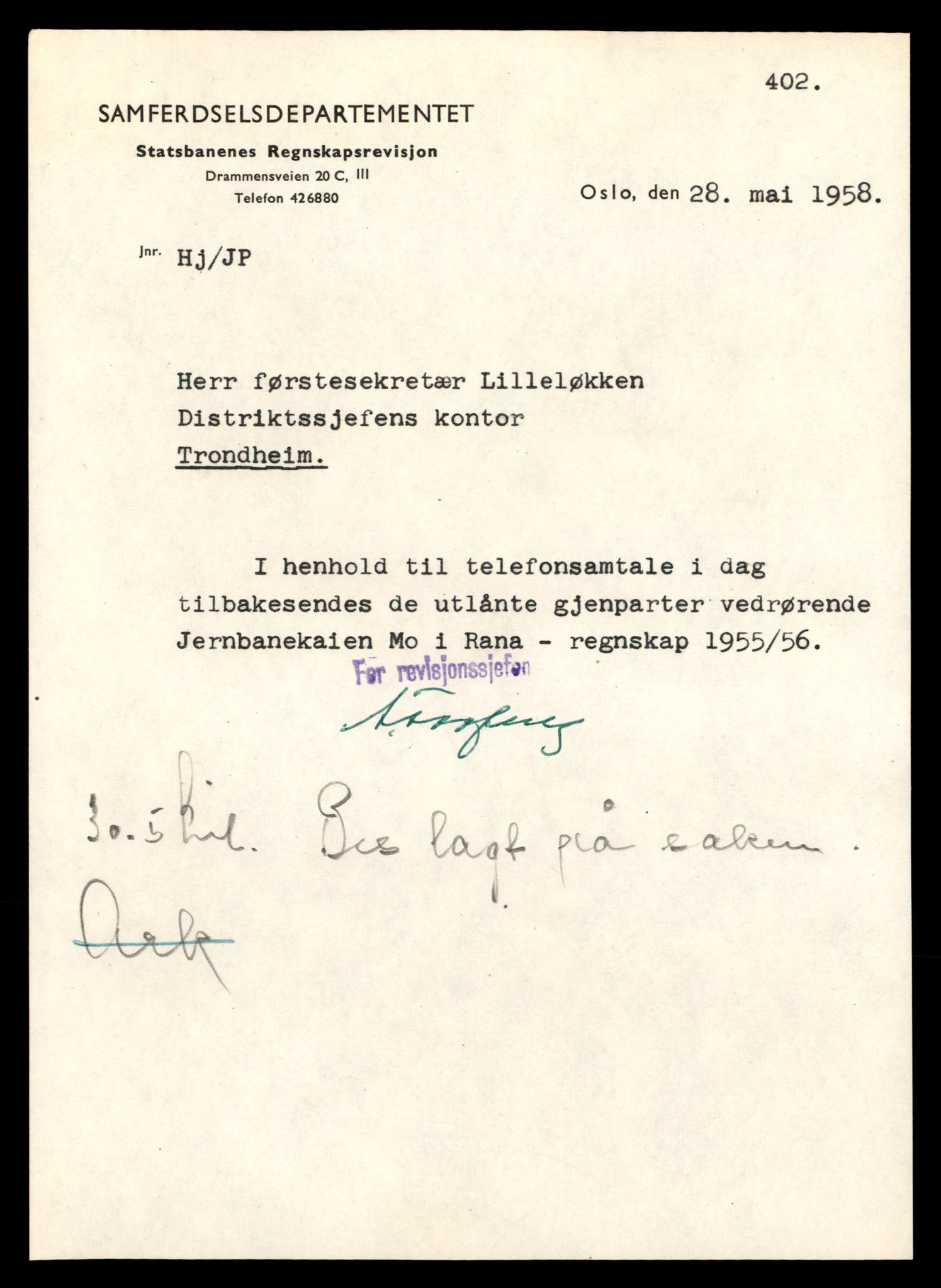 Norges statsbaner (NSB) - Trondheim distrikt, AV/SAT-A-6436/0002/Dd/L0817: --, 1953-1980, p. 1421