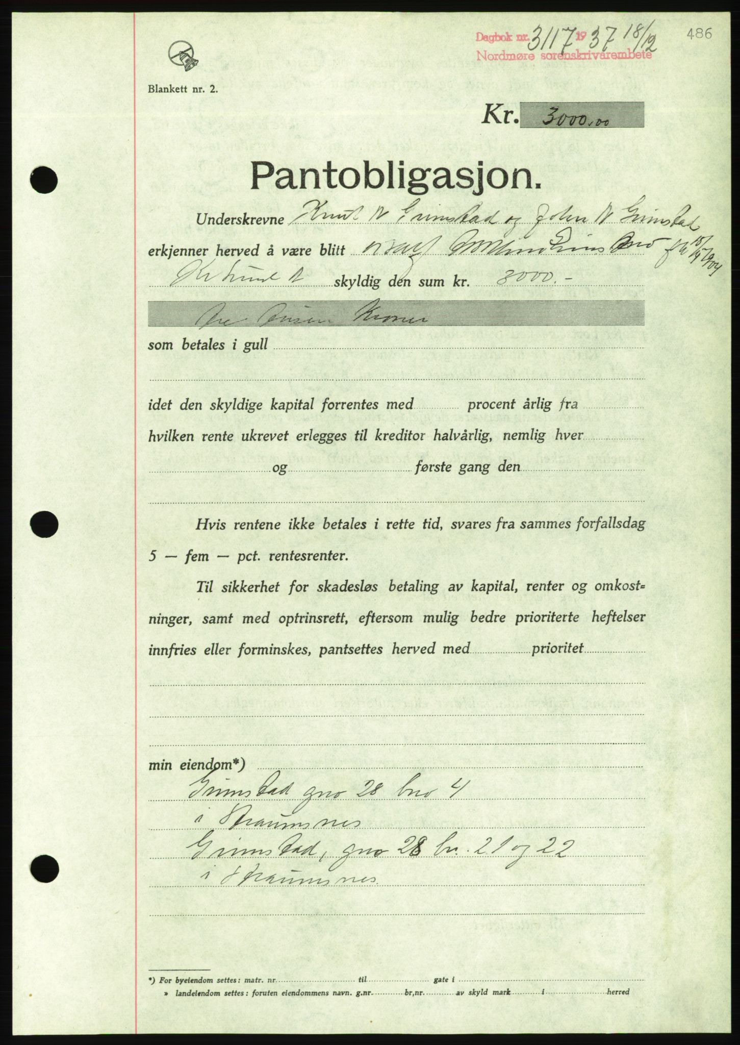 Nordmøre sorenskriveri, AV/SAT-A-4132/1/2/2Ca/L0092: Mortgage book no. B82, 1937-1938, Diary no: : 3117/1937