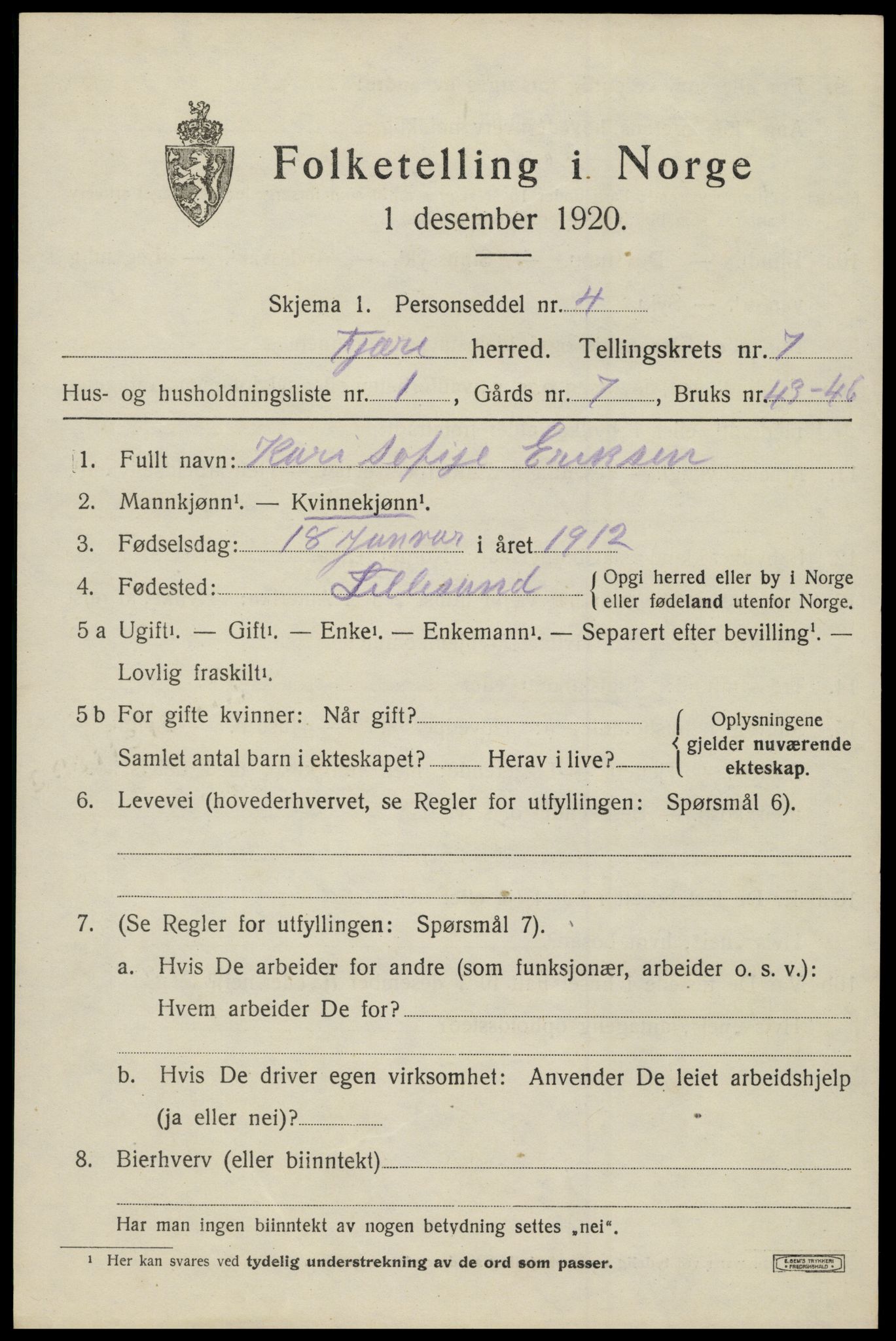 SAK, 1920 census for Fjære, 1920, p. 8547