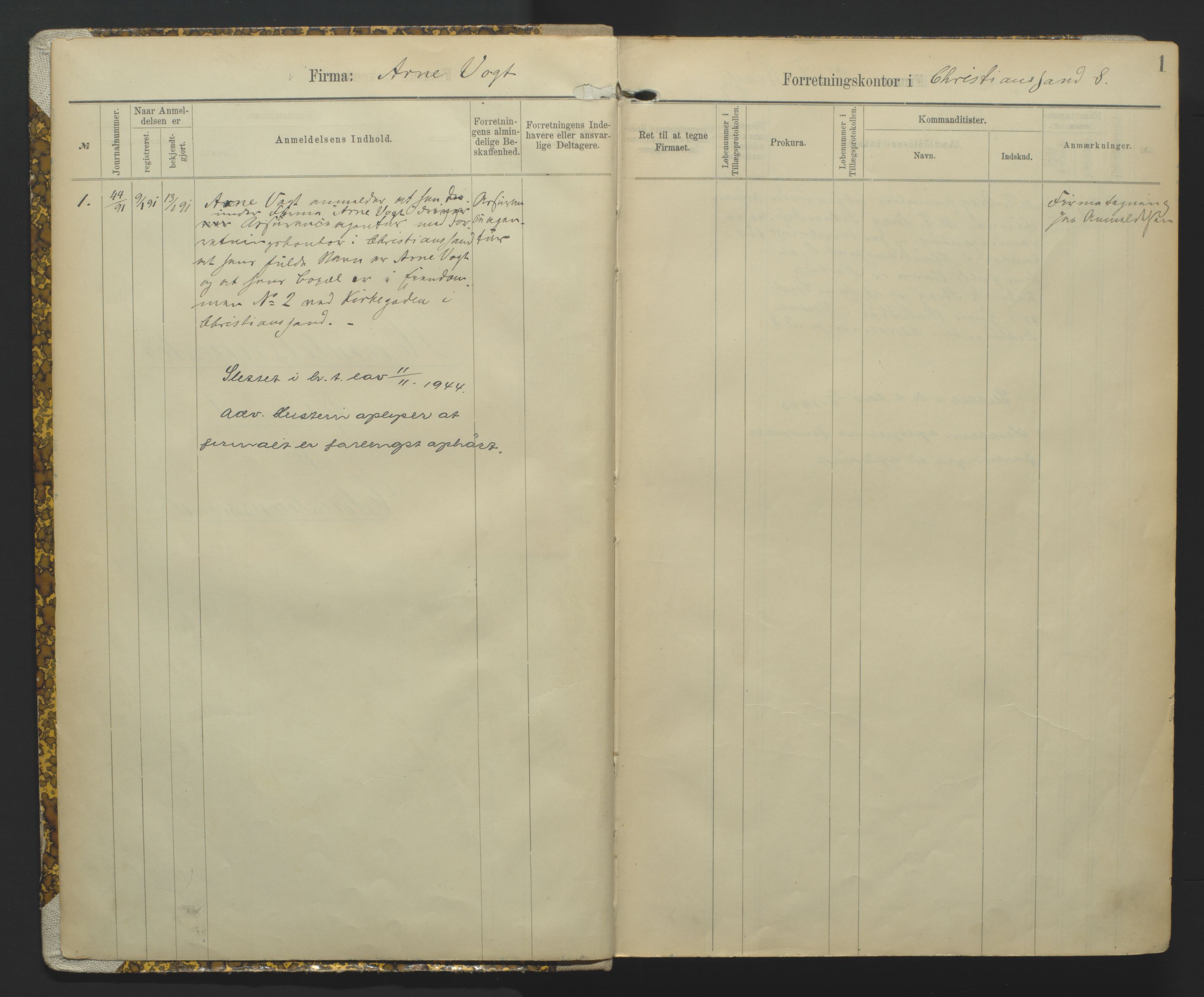 Kristiansand byrett, AV/SAK-1223-0001/K/Kb/L0002: Handelsregister A I, 1891-1894, p. 1