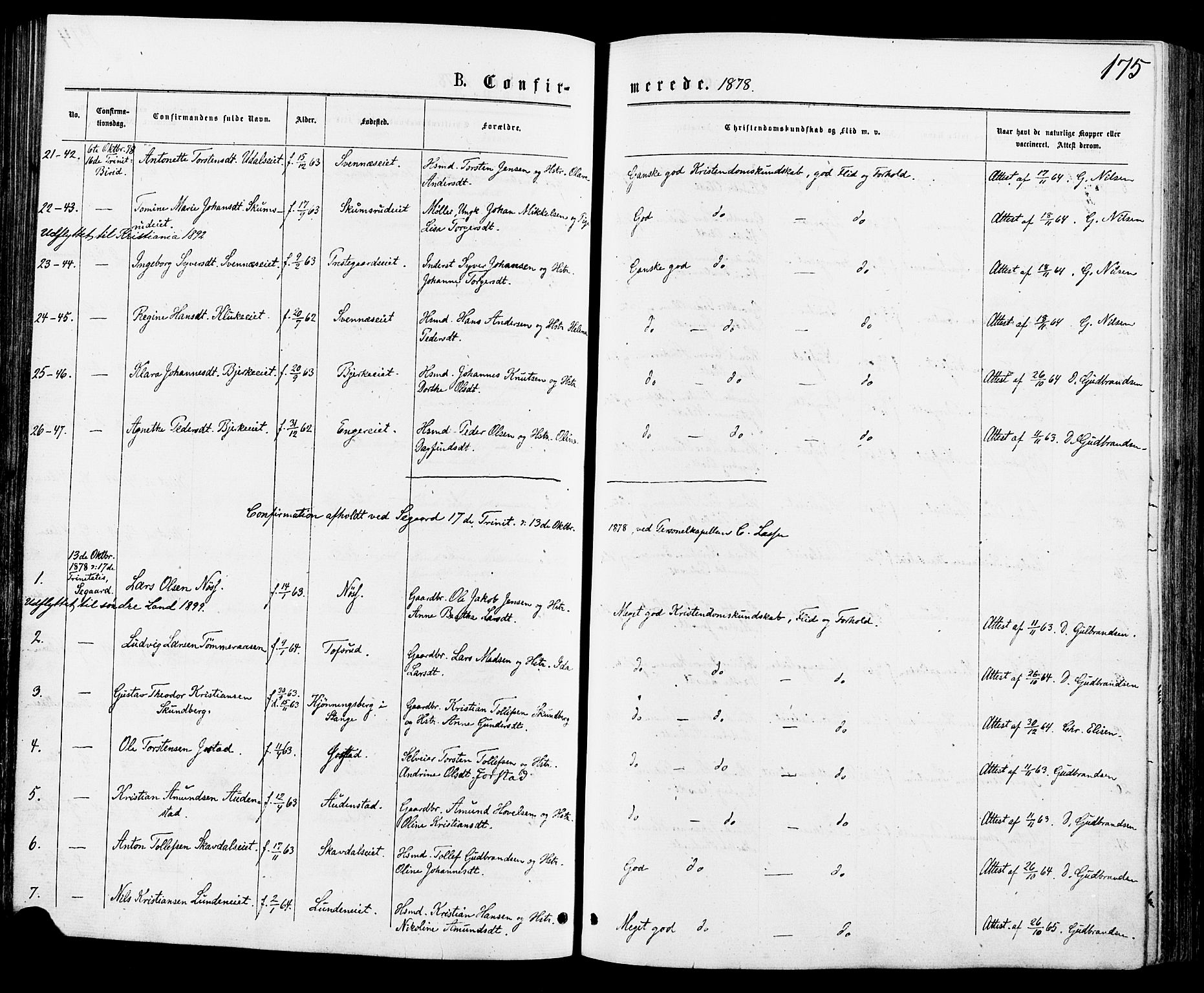 Biri prestekontor, AV/SAH-PREST-096/H/Ha/Haa/L0006: Parish register (official) no. 6, 1877-1886, p. 175