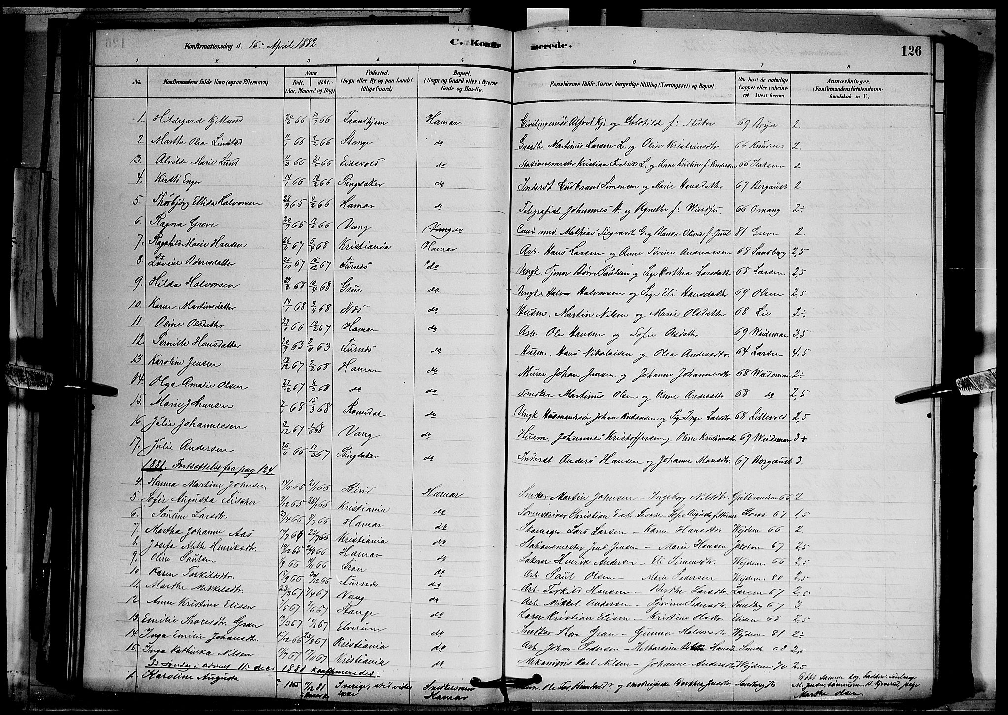 Vang prestekontor, Hedmark, AV/SAH-PREST-008/H/Ha/Hab/L0012: Parish register (copy) no. 12, 1878-1889, p. 126