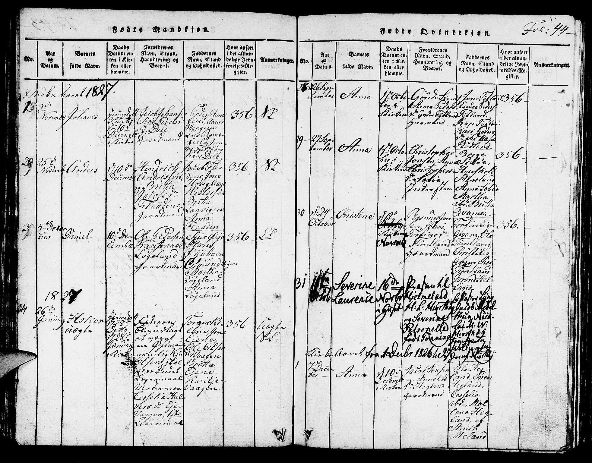Hjelmeland sokneprestkontor, SAST/A-101843/01/V/L0001: Parish register (copy) no. B 1, 1816-1841, p. 44