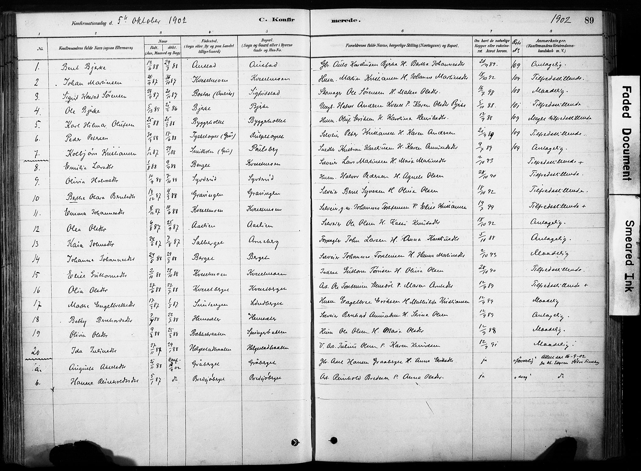 Hof prestekontor, SAH/PREST-038/H/Ha/Haa/L0011: Parish register (official) no. 11, 1879-1911, p. 89