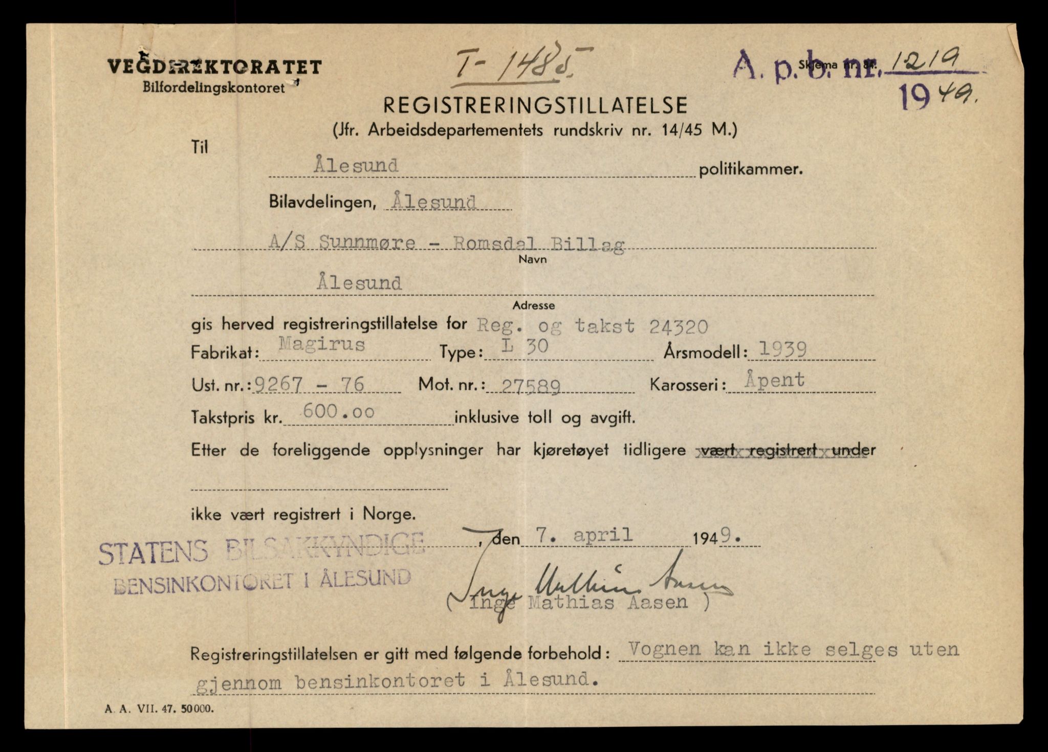 Møre og Romsdal vegkontor - Ålesund trafikkstasjon, AV/SAT-A-4099/F/Fe/L0010: Registreringskort for kjøretøy T 1050 - T 1169, 1927-1998, p. 1642