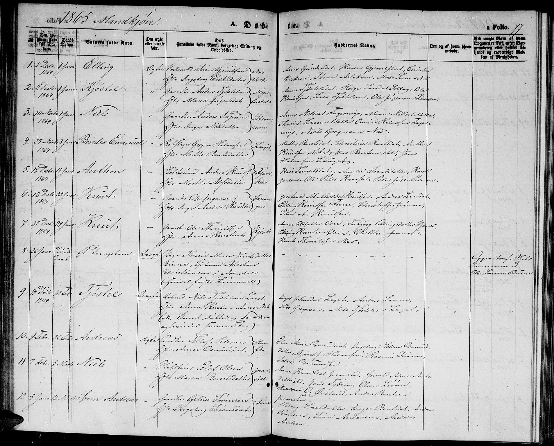 Holt sokneprestkontor, AV/SAK-1111-0021/F/Fb/L0008: Parish register (copy) no. B 8, 1858-1871, p. 77