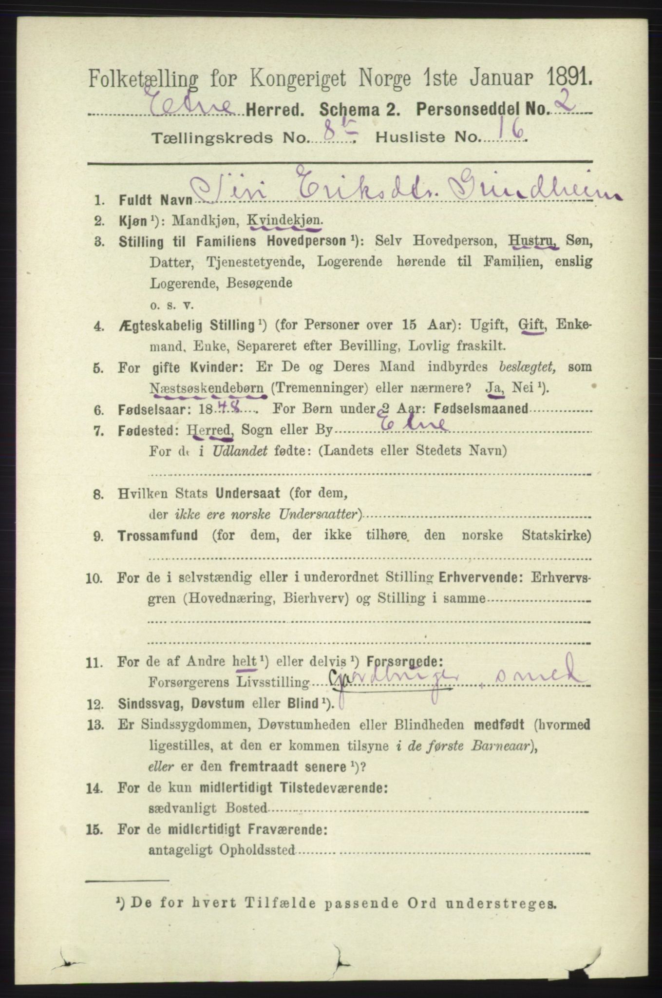 RA, 1891 census for 1211 Etne, 1891, p. 1684