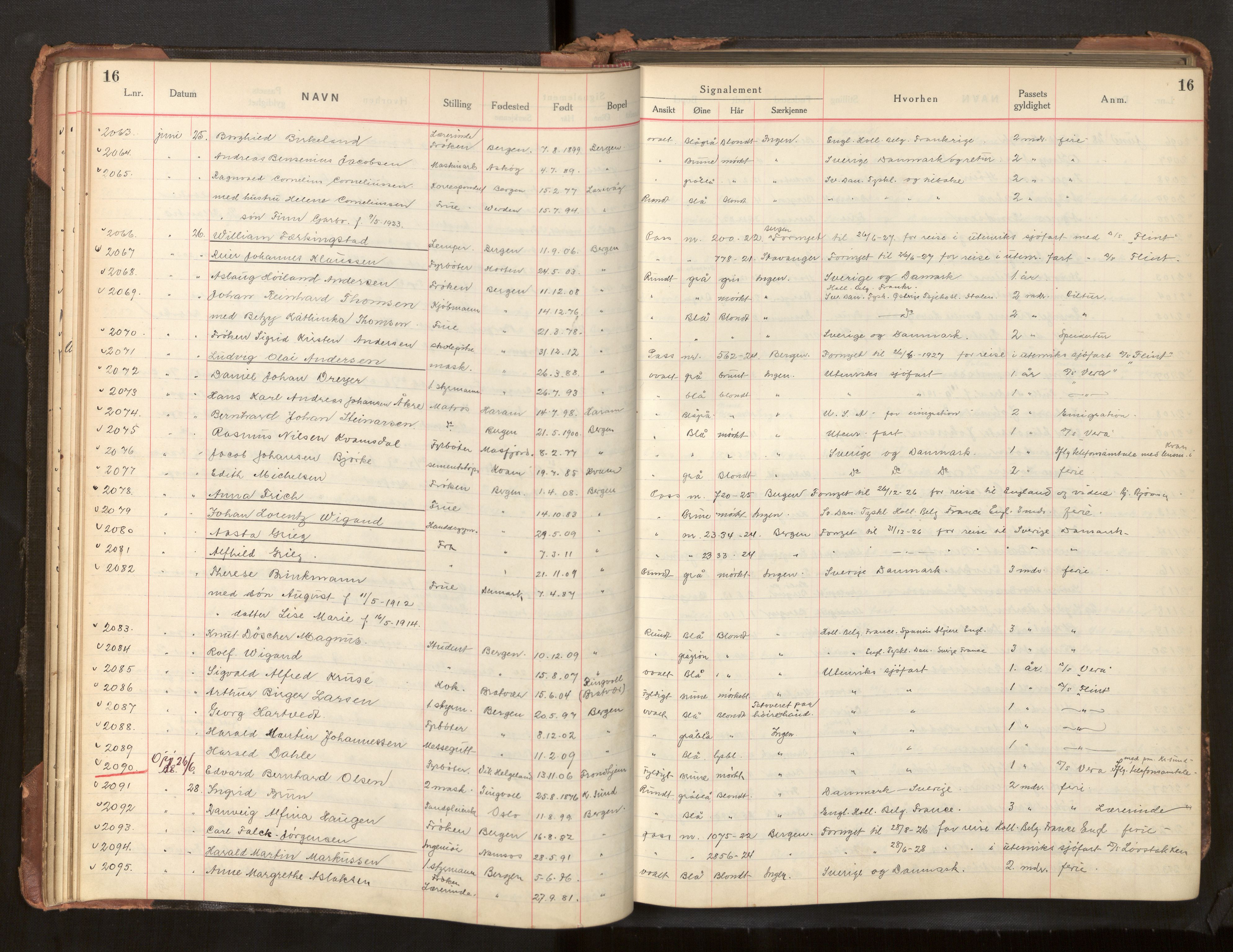 Bergen politikammer / politidistrikt, AV/SAB-A-60401/L/La/Lab/L0011: Passprotokoll, 1926-1928