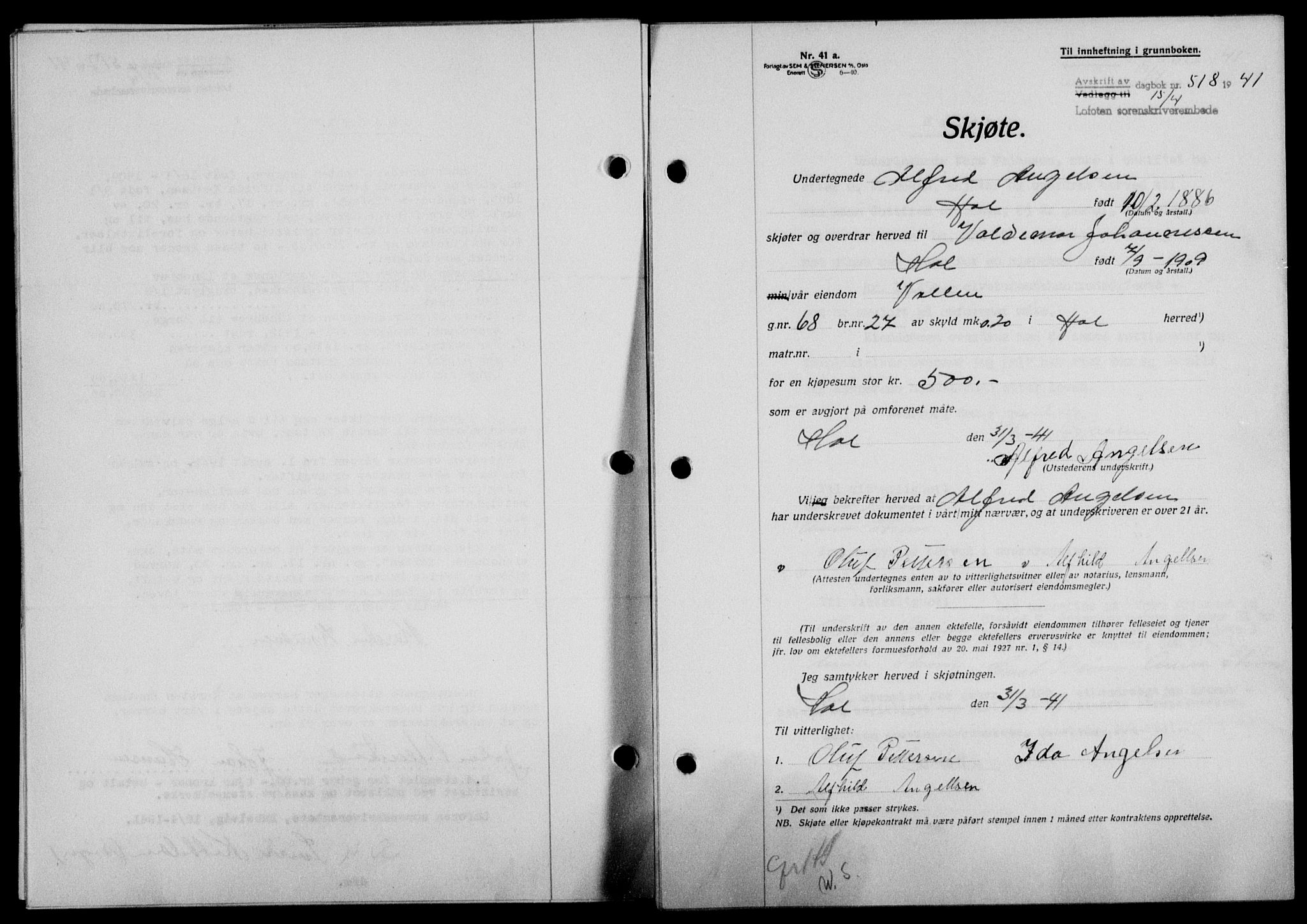 Lofoten sorenskriveri, SAT/A-0017/1/2/2C/L0008a: Mortgage book no. 8a, 1940-1941, Diary no: : 518/1941