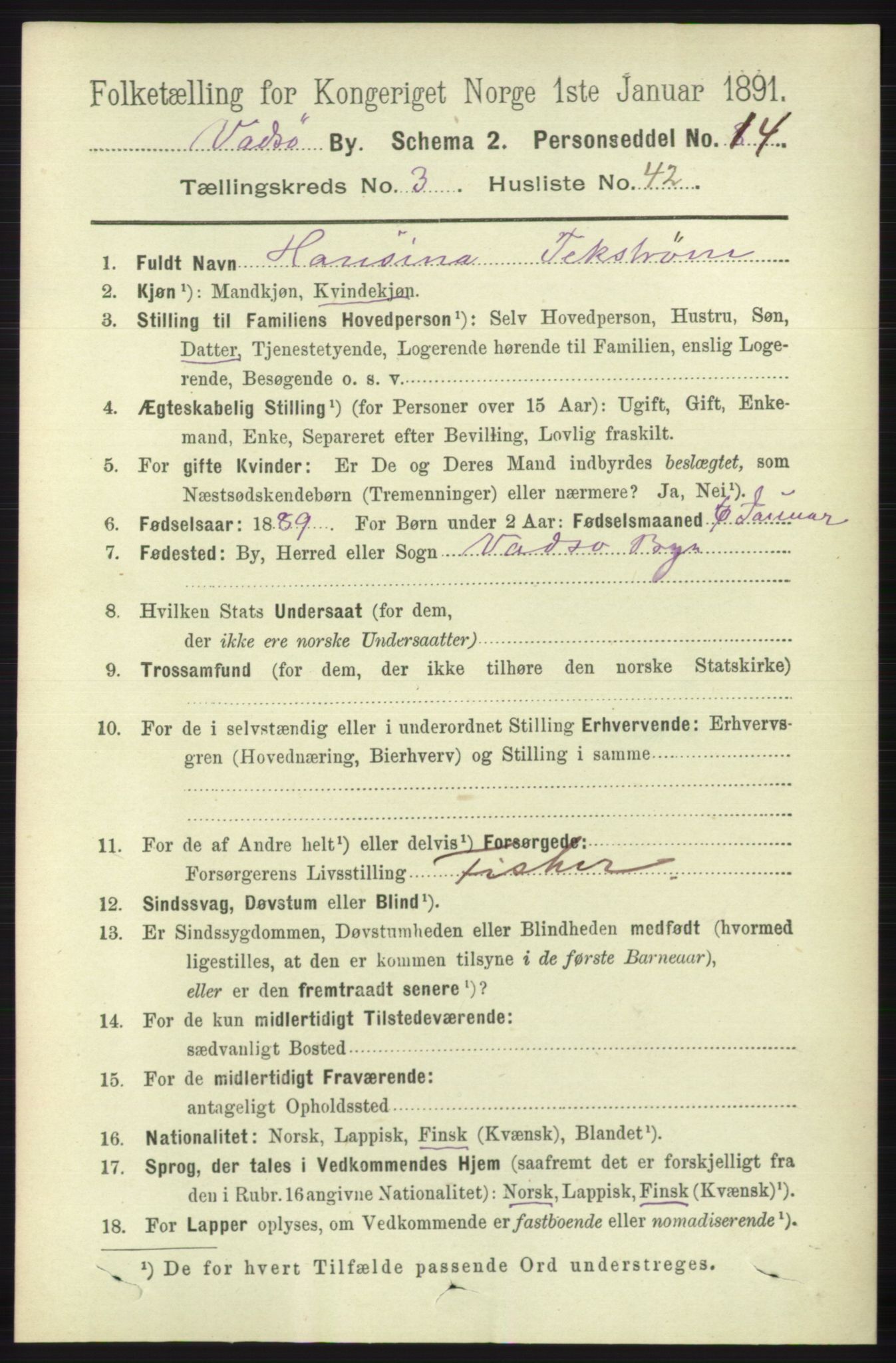 RA, 1891 census for 2003 Vadsø, 1891, p. 2044