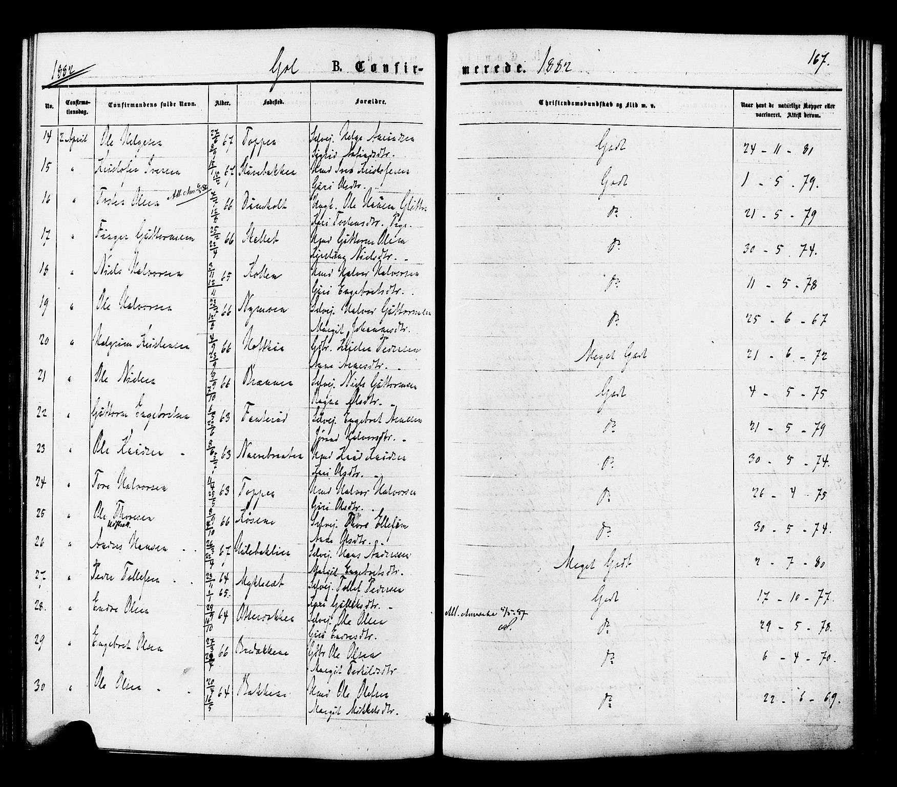 Gol kirkebøker, SAKO/A-226/F/Fa/L0004: Parish register (official) no. I 4, 1876-1886, p. 167