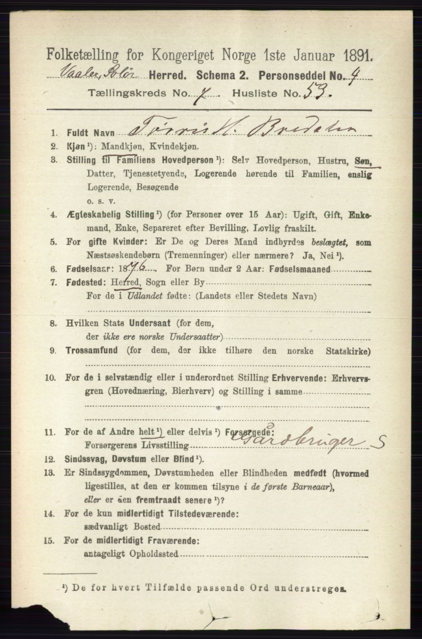 RA, 1891 census for 0426 Våler, 1891, p. 3249