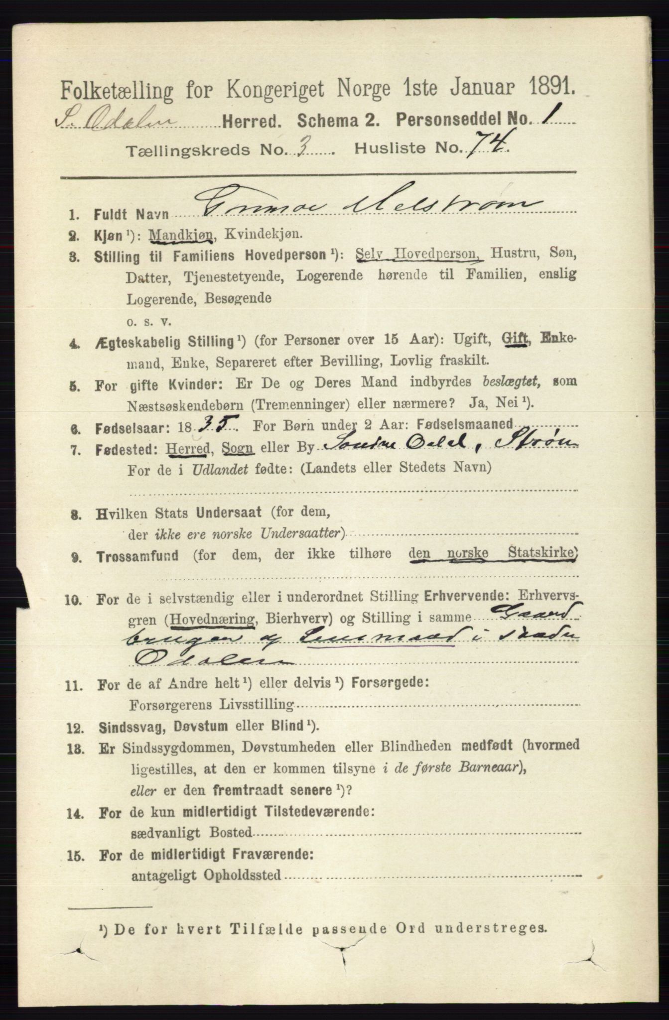 RA, 1891 census for 0419 Sør-Odal, 1891, p. 1637