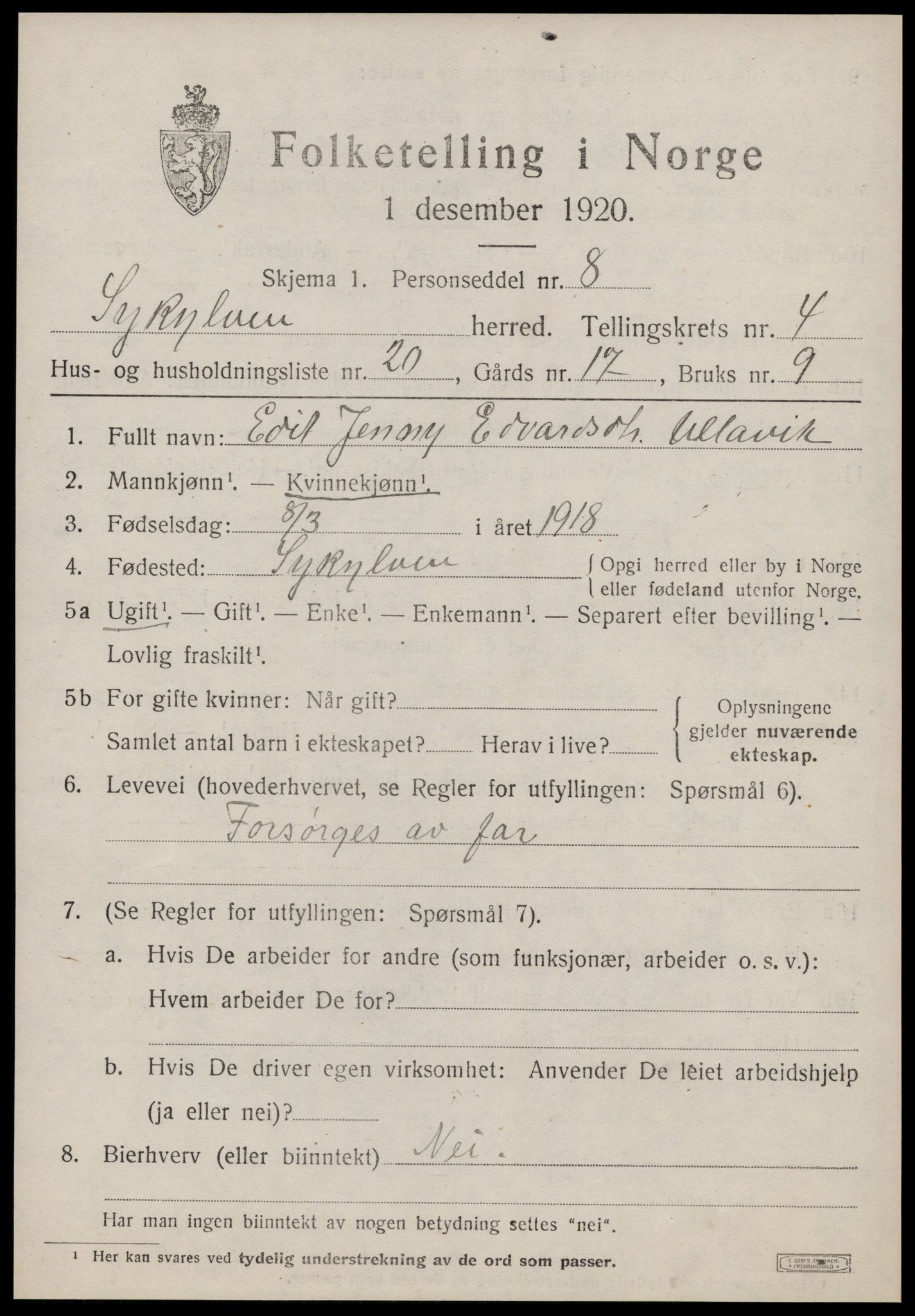 SAT, 1920 census for Sykkylven, 1920, p. 3051