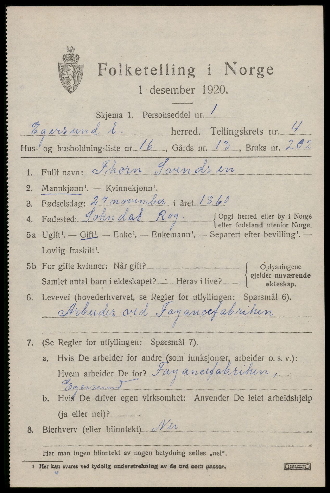 SAST, 1920 census for Eigersund, 1920, p. 3007