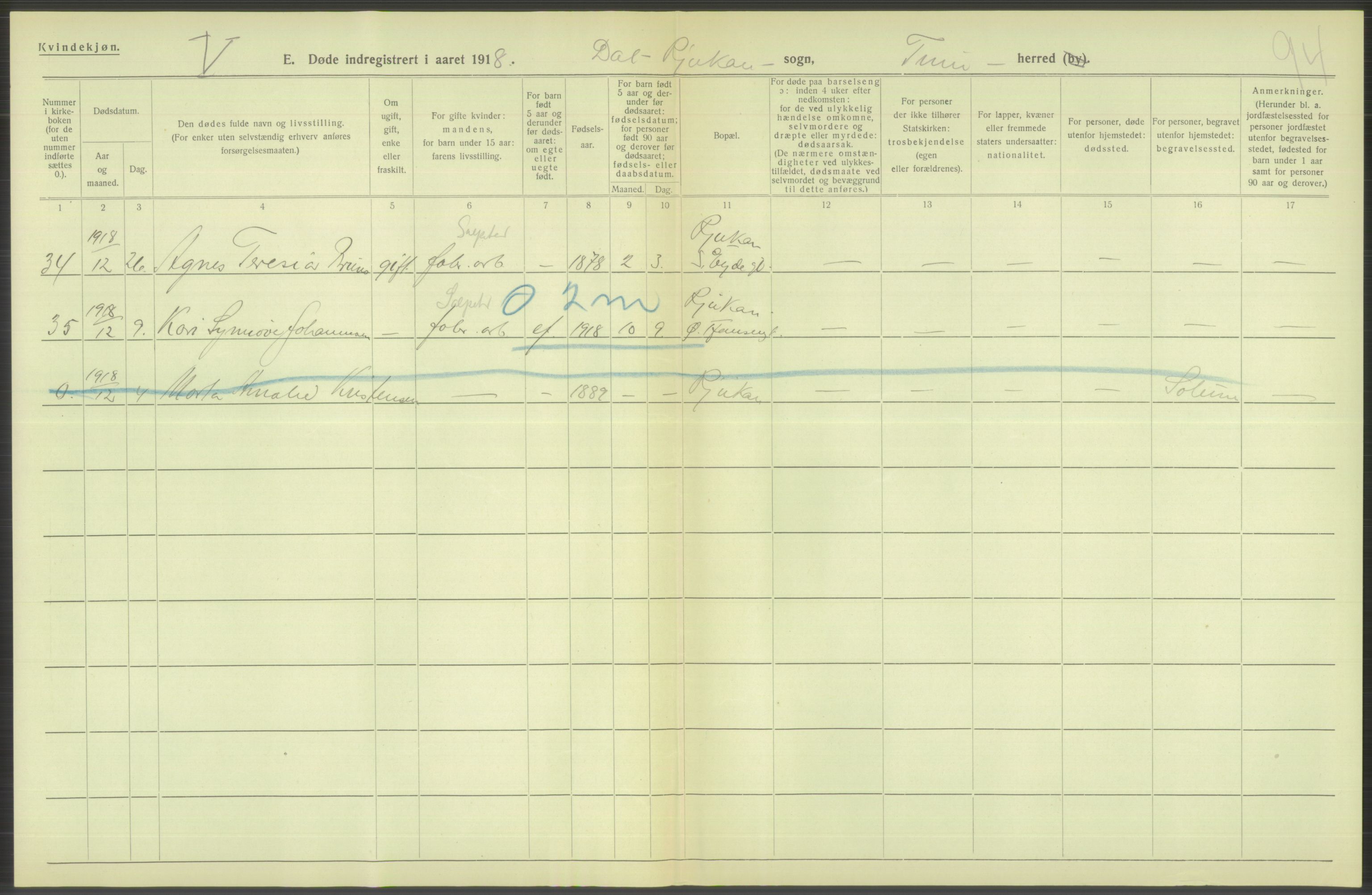 Statistisk sentralbyrå, Sosiodemografiske emner, Befolkning, AV/RA-S-2228/D/Df/Dfb/Dfbh/L0026: Telemark fylke: Døde. Bygder og byer., 1918, p. 268