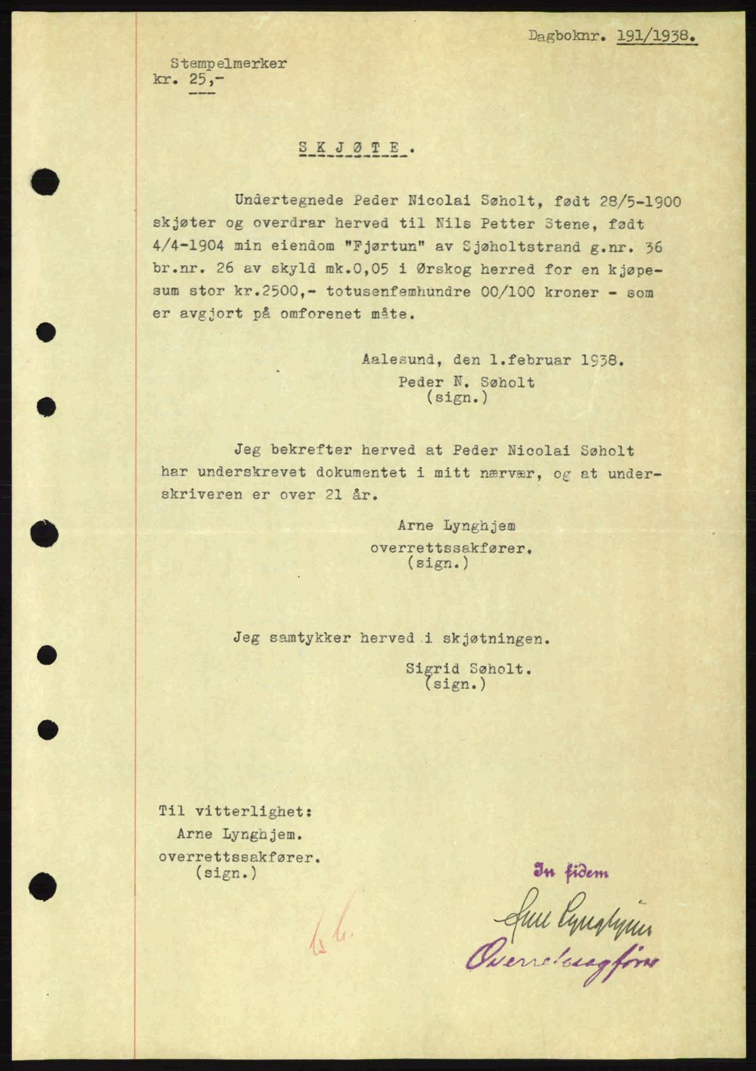 Nordre Sunnmøre sorenskriveri, AV/SAT-A-0006/1/2/2C/2Ca: Mortgage book no. A4, 1937-1938, Diary no: : 191/1938