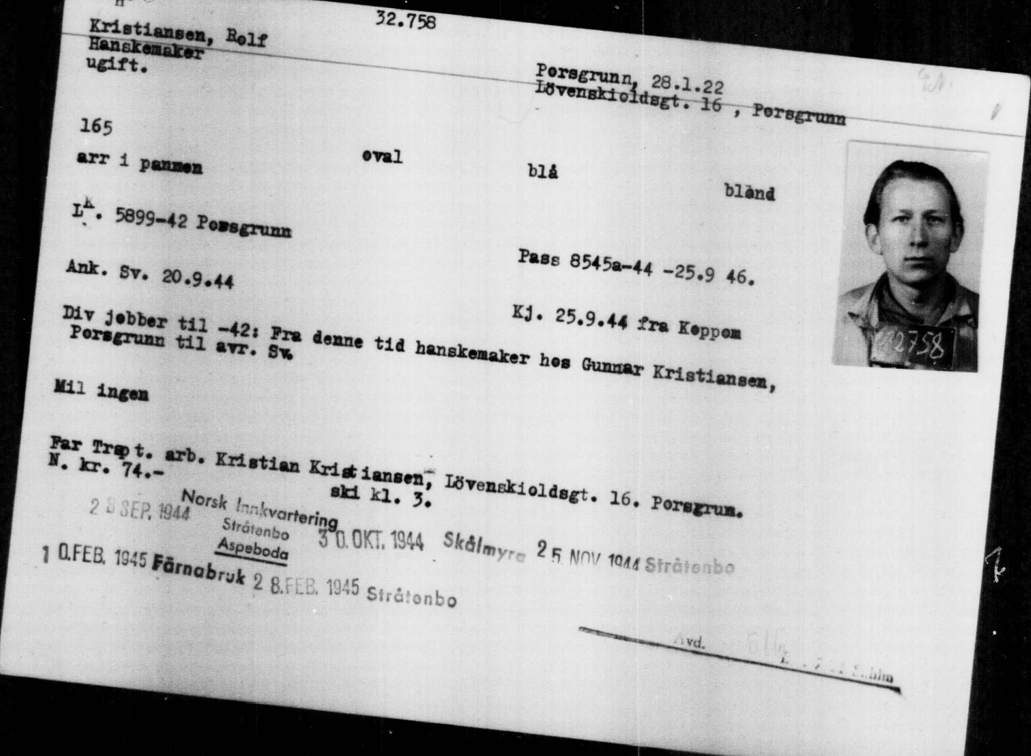 Utenriksstasjonene, Legasjonen i Stockholm, Flyktningkontoret, AV/RA-S-6753/V/Va/L0013: Kjesäterkartoteket, flyktninger med registreringsnr. 31500-34731, 1940-1945, p. 1321