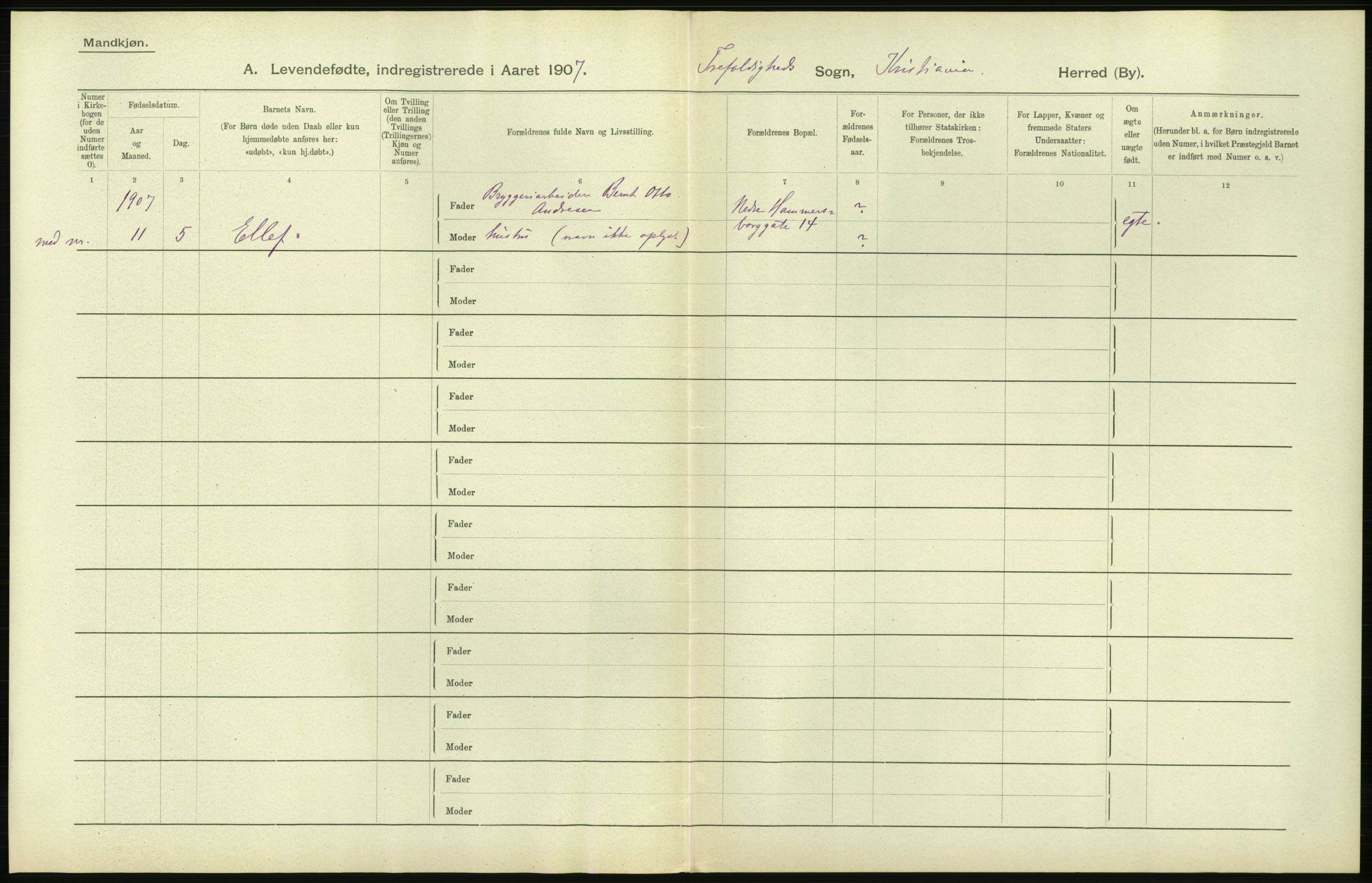 Statistisk sentralbyrå, Sosiodemografiske emner, Befolkning, AV/RA-S-2228/D/Df/Dfa/Dfae/L0006: Kristiania: Levendefødte menn og kvinner., 1907, p. 328