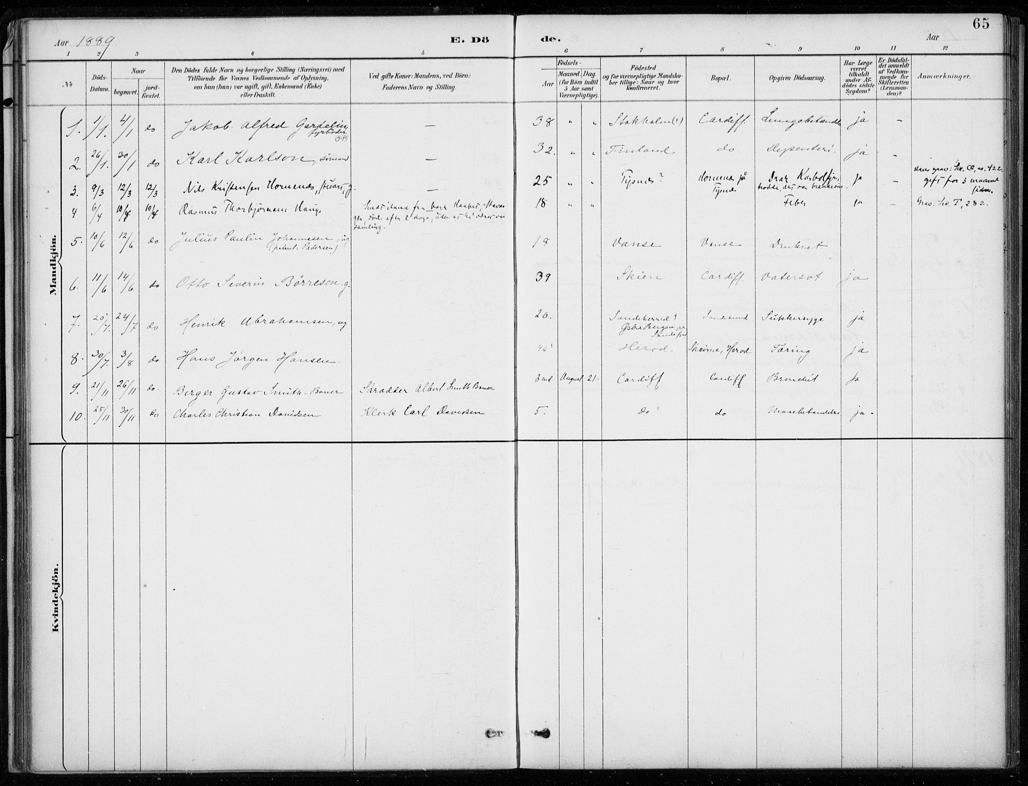 Den norske sjømannsmisjon i utlandet/Bristolhavnene(Cardiff-Swansea), SAB/SAB/PA-0102/H/Ha/Haa/L0002: Parish register (official) no. A 2, 1887-1932, p. 65