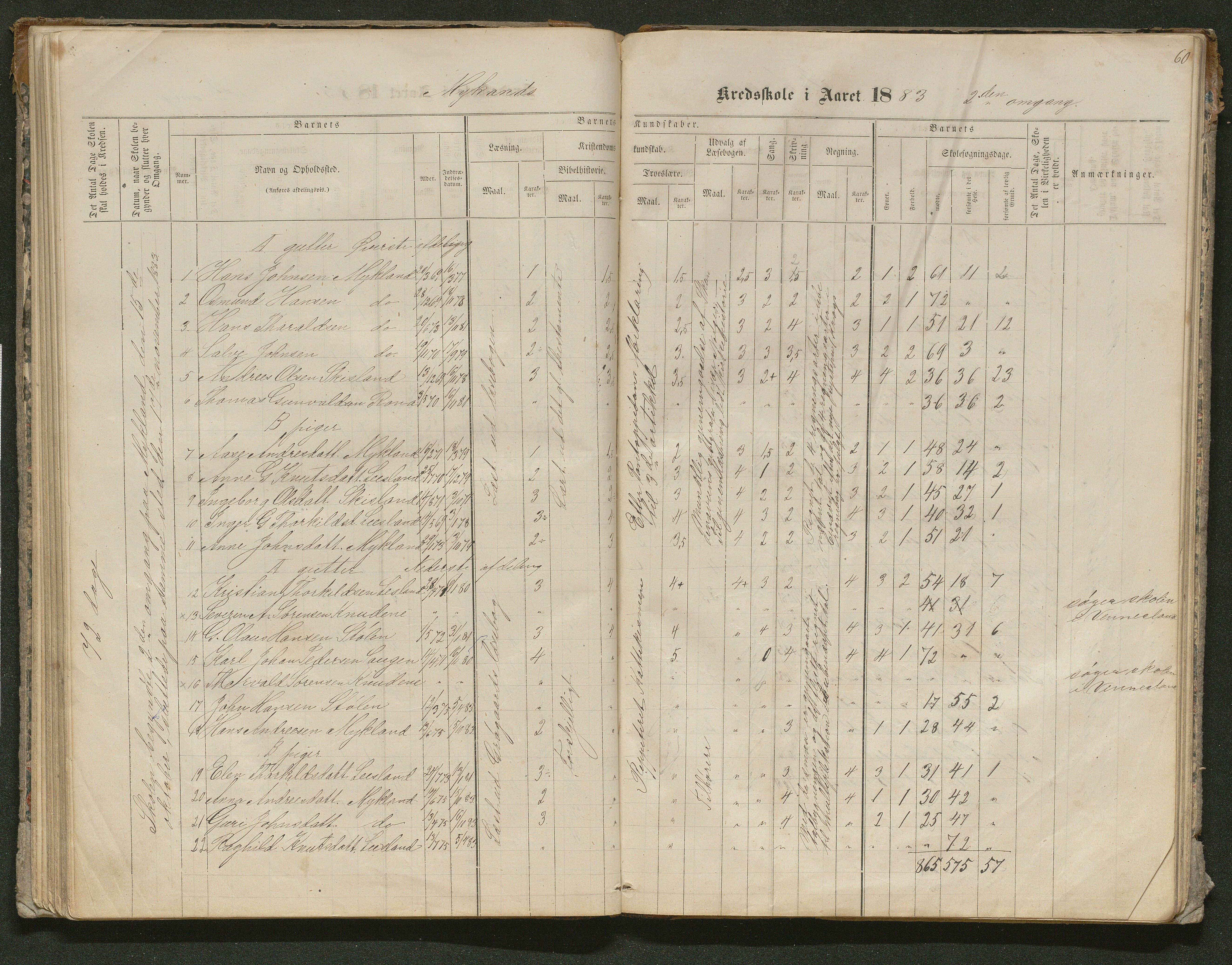 Iveland kommune, De enkelte kretsene/Skolene, AAKS/KA0935-550/A_10/L0005: Skoleprotokoll for Frøyså og Mykland krets, 1864-1881, p. 60