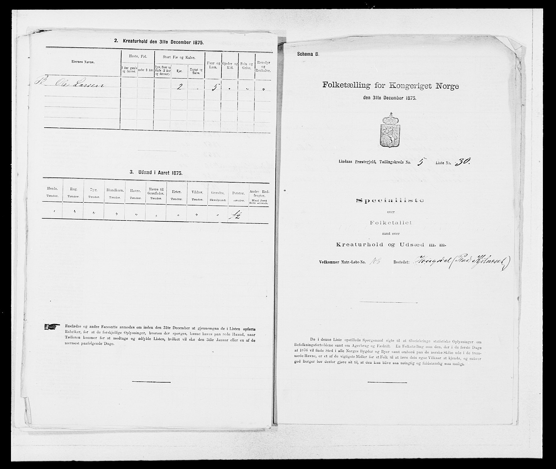 SAB, 1875 census for 1263P Lindås, 1875, p. 450