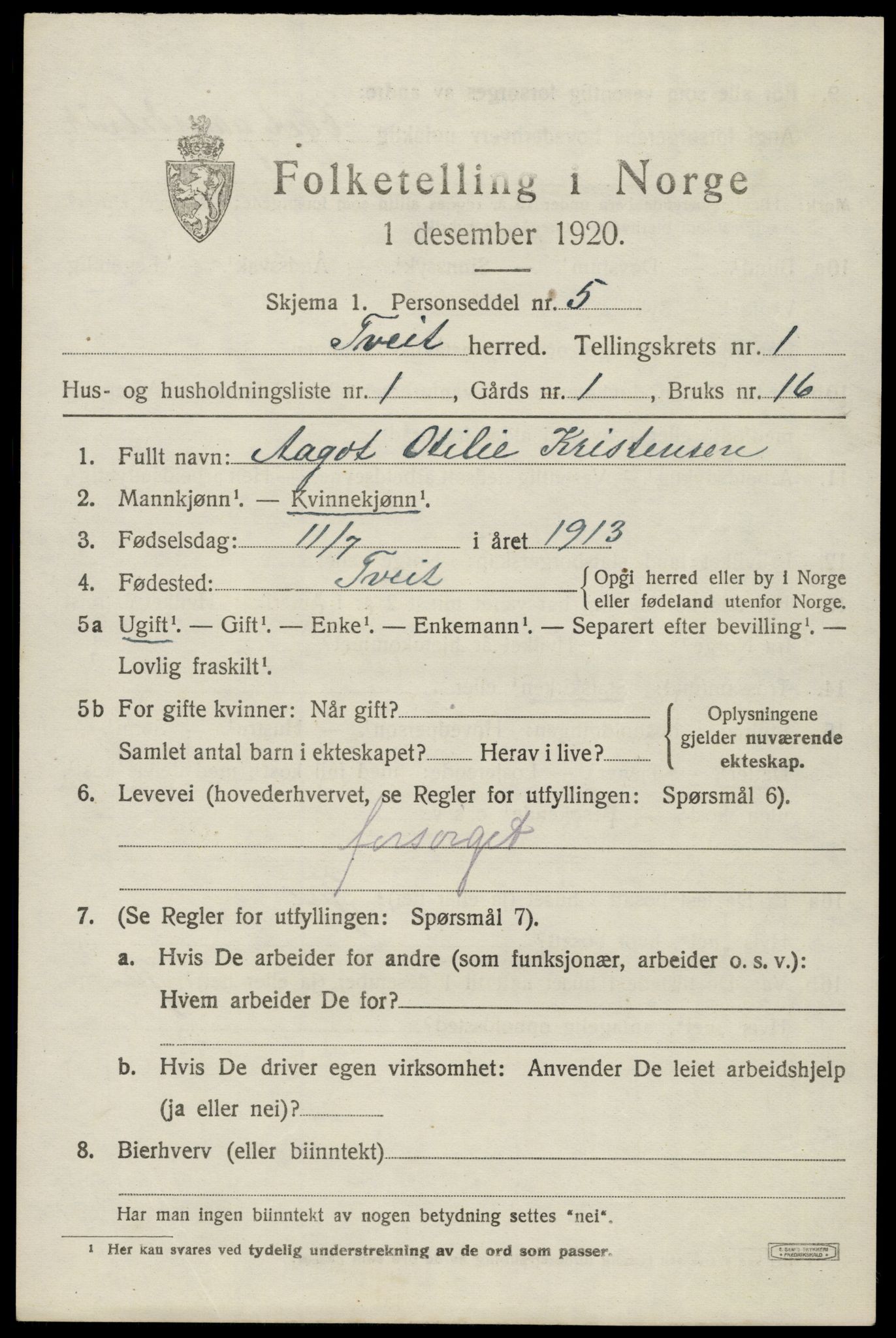 SAK, 1920 census for Tveit, 1920, p. 756