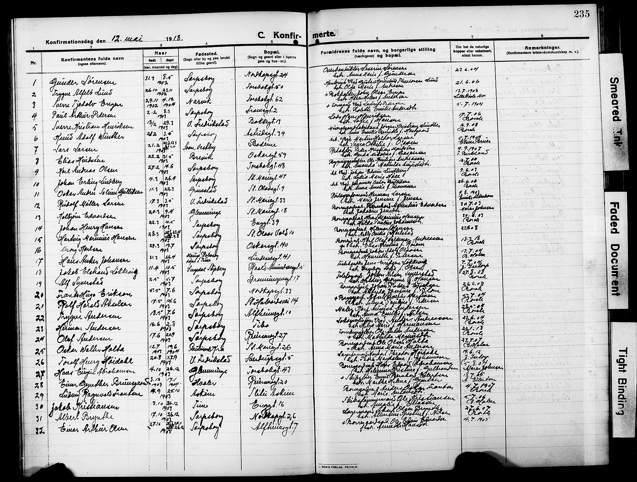 Sarpsborg prestekontor Kirkebøker, AV/SAO-A-2006/G/Ga/L0002: Parish register (copy) no. 2, 1912-1931, p. 235