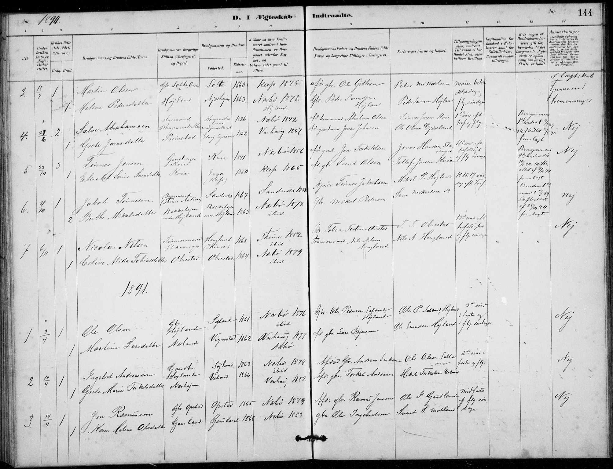 Hå sokneprestkontor, AV/SAST-A-101801/001/30BB/L0003: Parish register (copy) no. B 3, 1883-1894, p. 144
