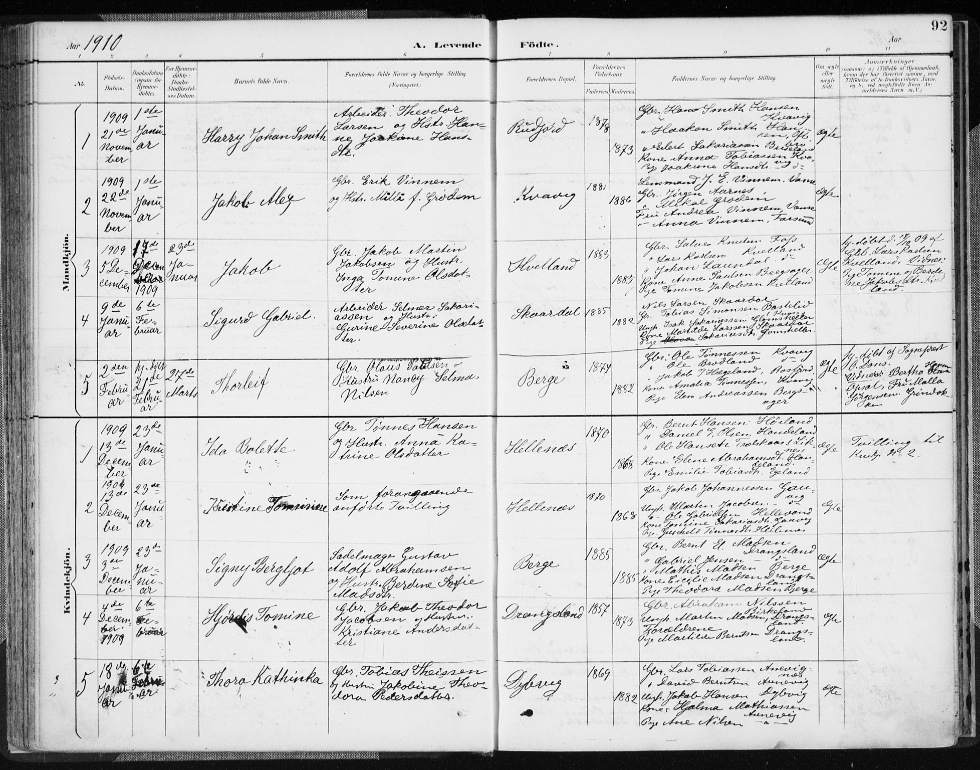 Lyngdal sokneprestkontor, AV/SAK-1111-0029/F/Fa/Fac/L0012: Parish register (official) no. A 12, 1894-1918, p. 92