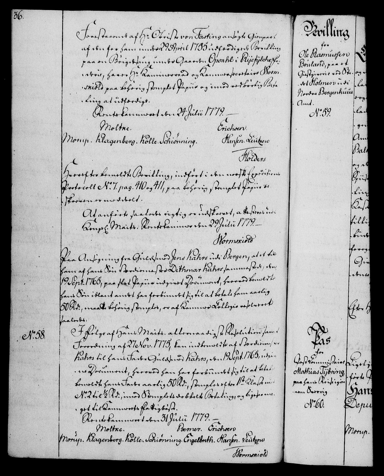 Rentekammeret, Kammerkanselliet, AV/RA-EA-3111/G/Gg/Gga/L0011: Norsk ekspedisjonsprotokoll med register (merket RK 53.11), 1779-1781, p. 36